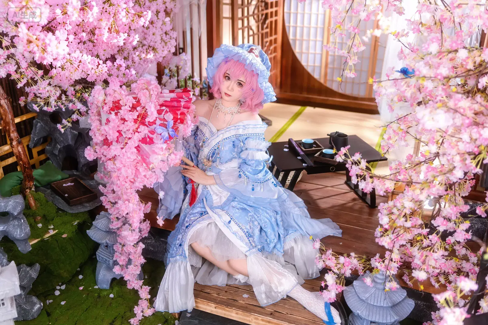 東方project, 洛麗塔, 櫻花, 西行寺幽幽子cos, 白絲