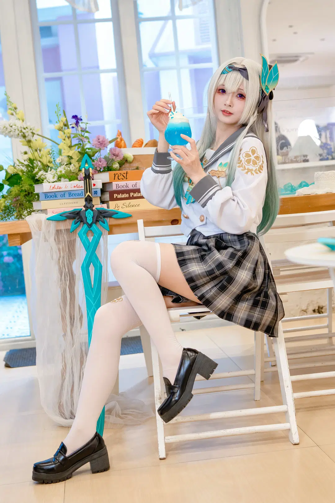 Anime-style photography, Honkai: Star Rail, Firefly cosplay, Firefly JK, White over-the-knee socks
