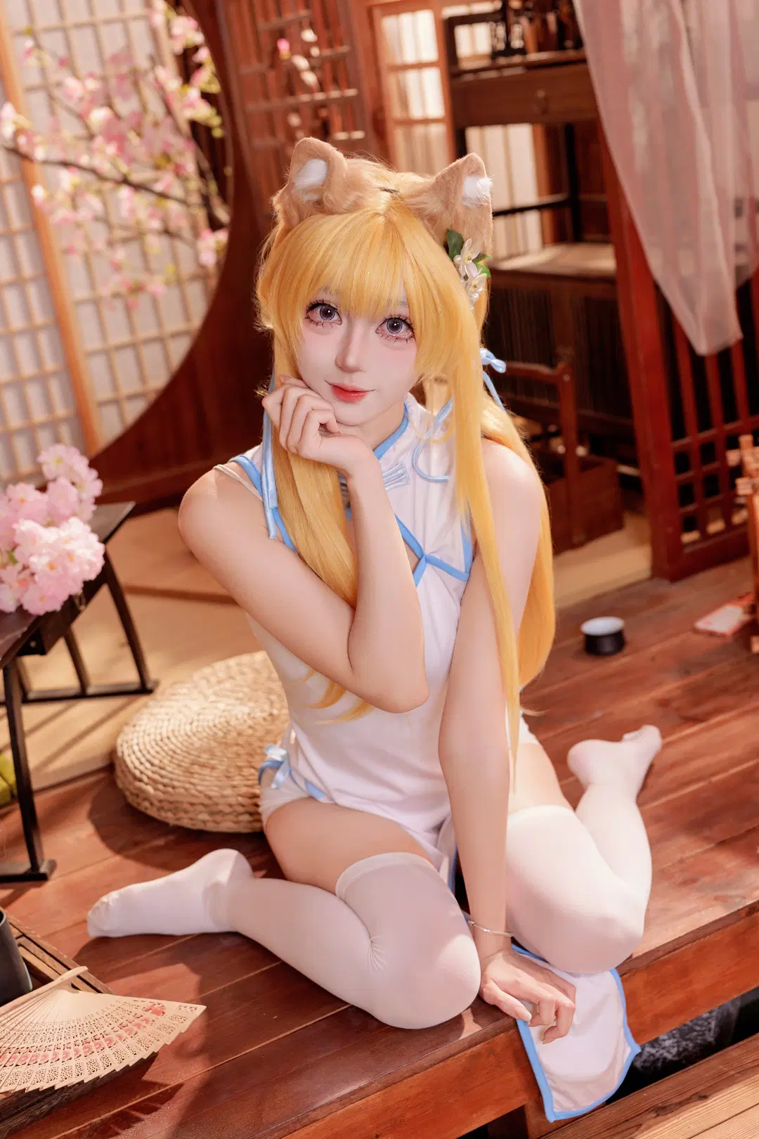 ブルーアーカイブ, 白ストッキング, 中華風チャイナドレス, 伊落マリー コスプレ, 獣耳