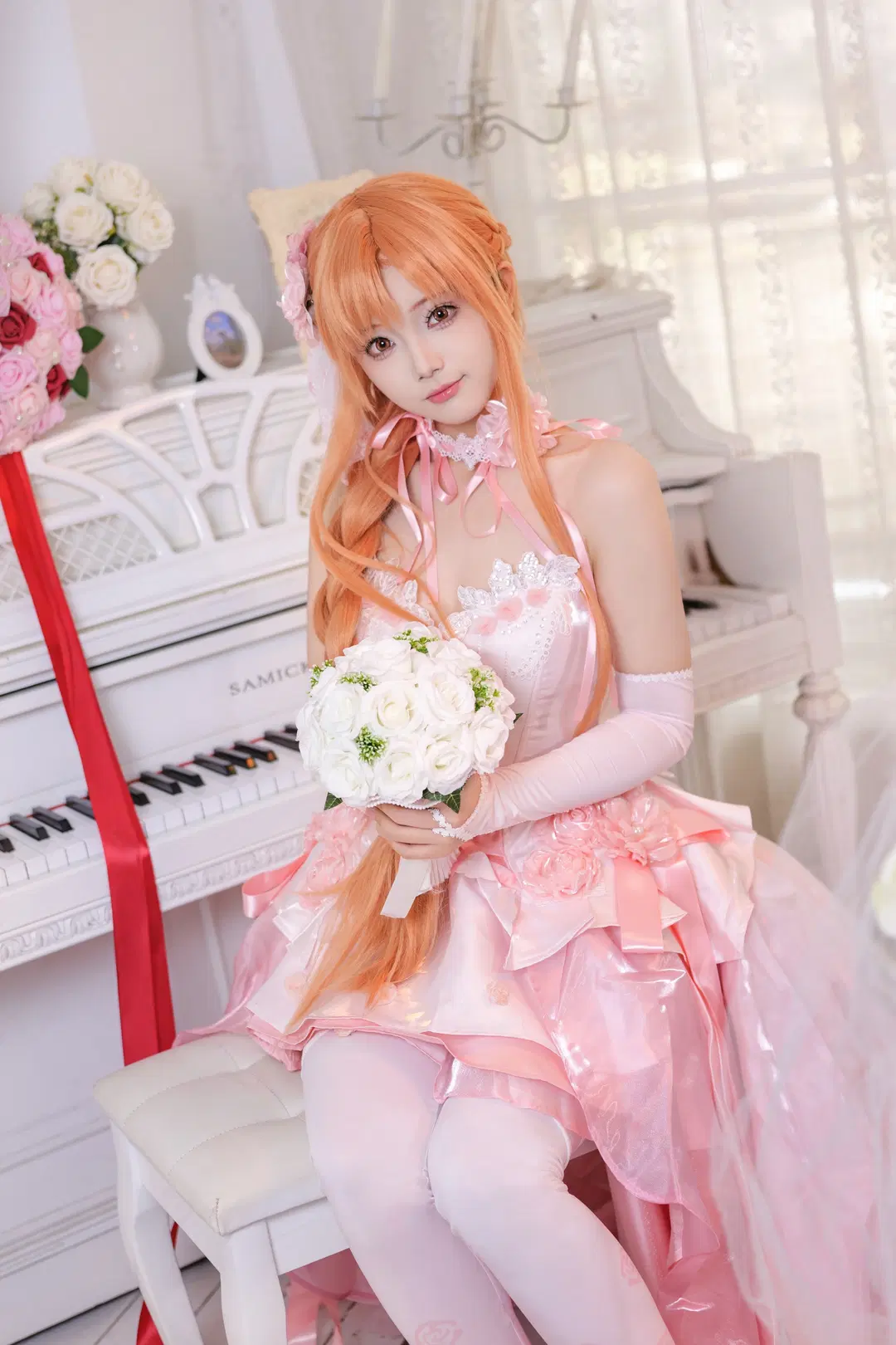 亚丝娜cos, 刀剑神域, 白丝, cosplay正片, 粉色花嫁