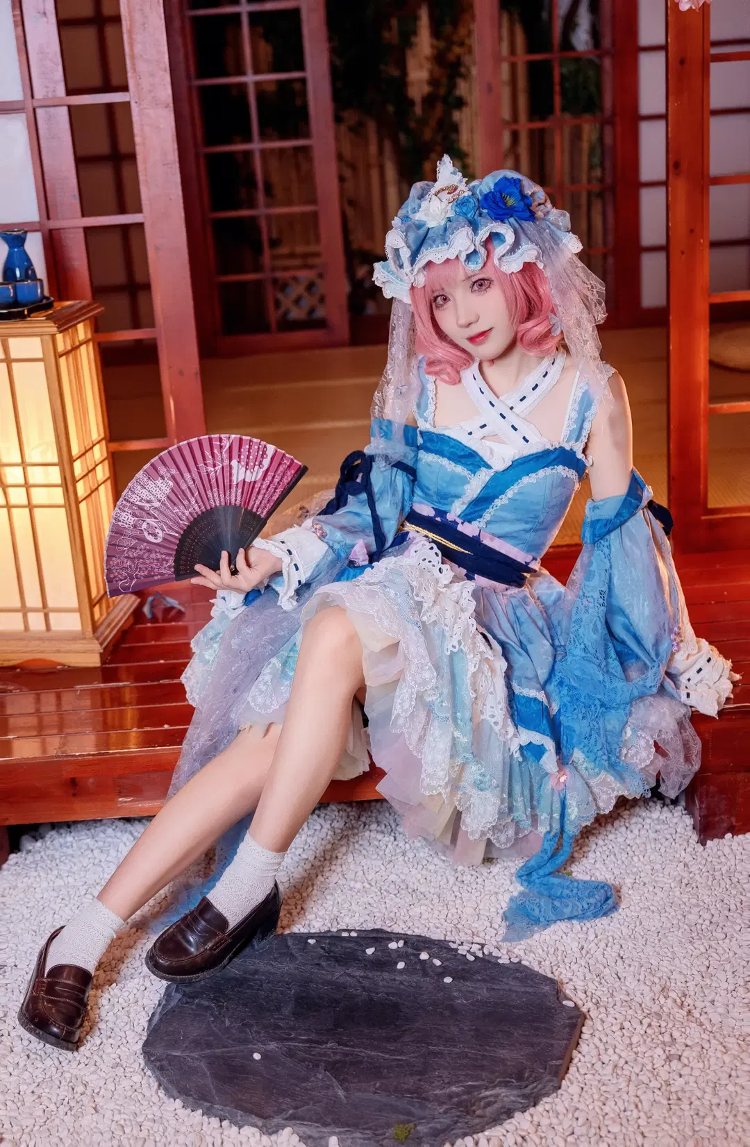 二次元少女, 东方project, 西行寺幽幽子cos, 和风洋装, 白丝袜cos