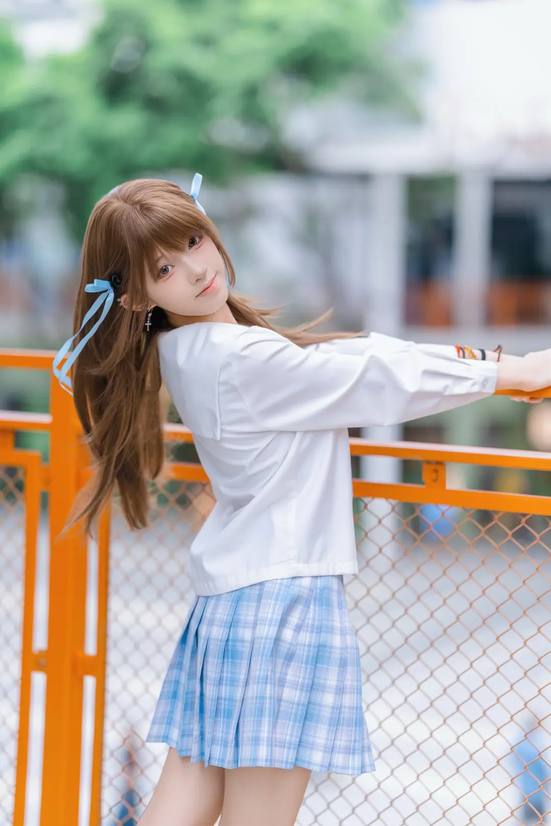 JK制服, 夏日氛围感, 日系写真, 蓝白格裙, 小清新摄影 - 第9张