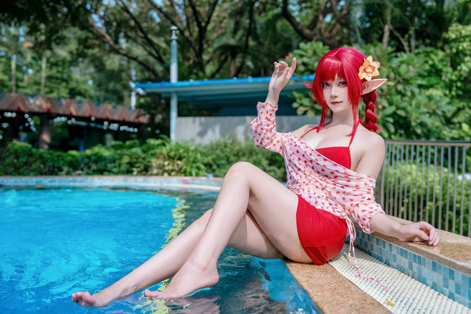 cosplay, 精灵耳, 红发, 长隆, 玩水
