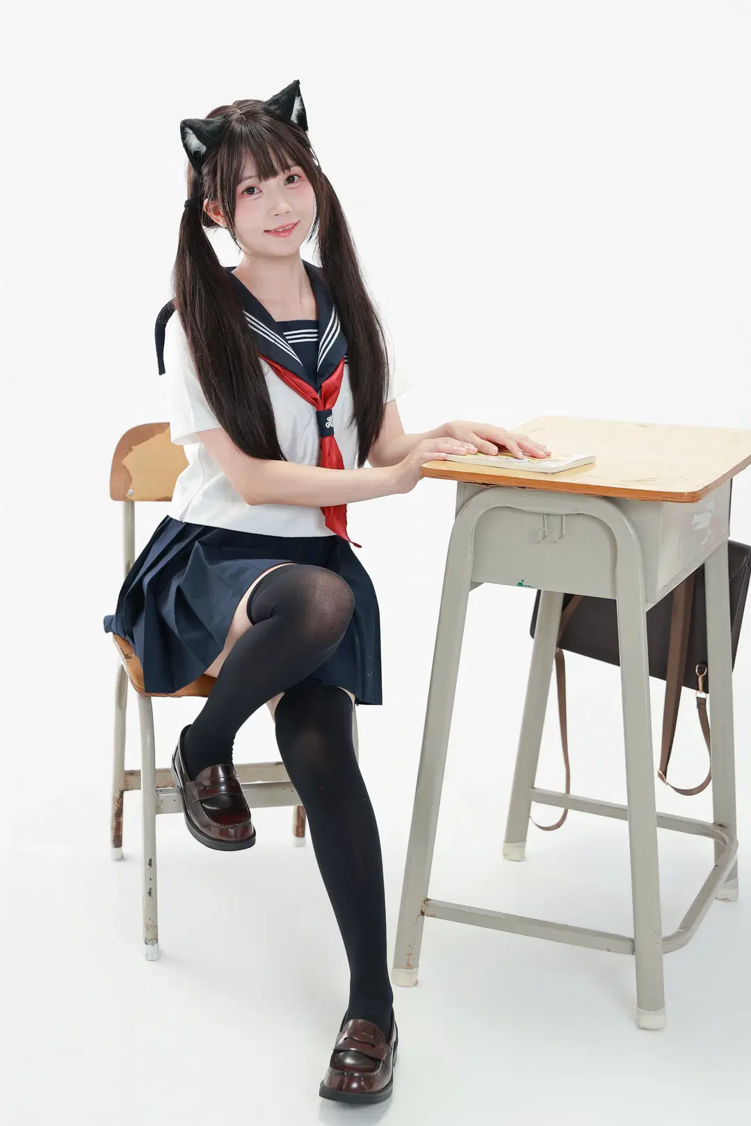 JK制服, 元气少女, 校园风写真, 黑丝长腿, 猫耳双马尾