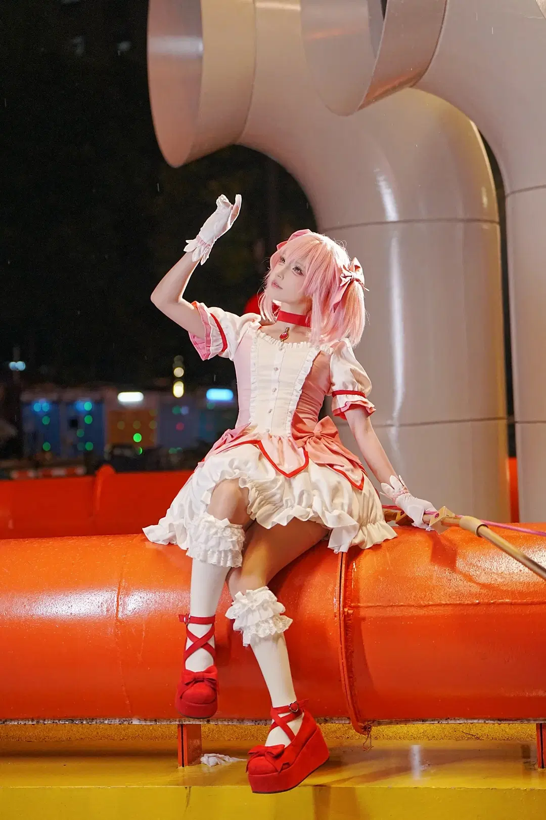 Madoka Kaname cosplay, Puella Magi Madoka Magica, Night view cosplay, Pink twin tails, Stockings