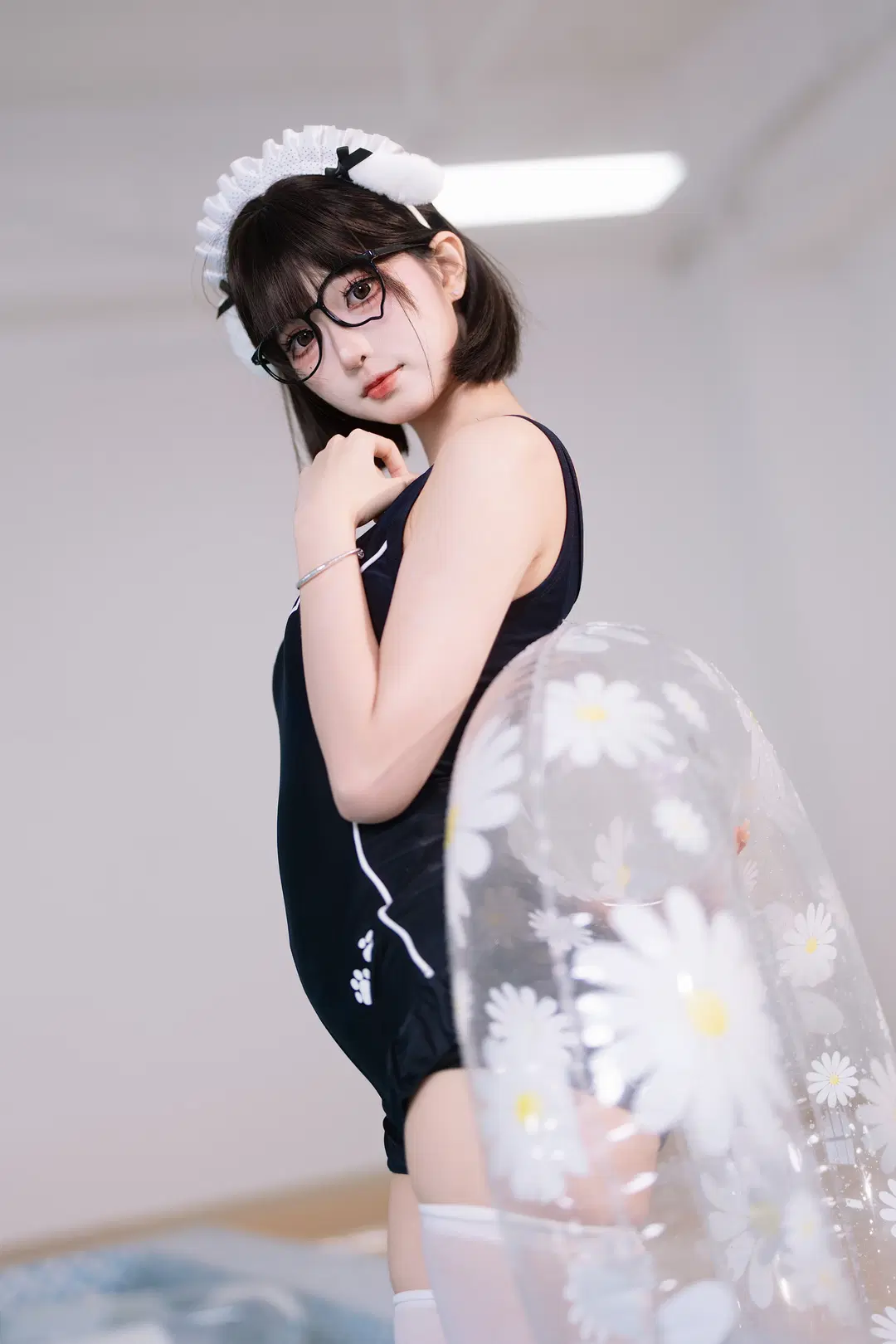 Anime-style photography, Sweet girl, Poolside photoshoot, White stockings, School swimsuit