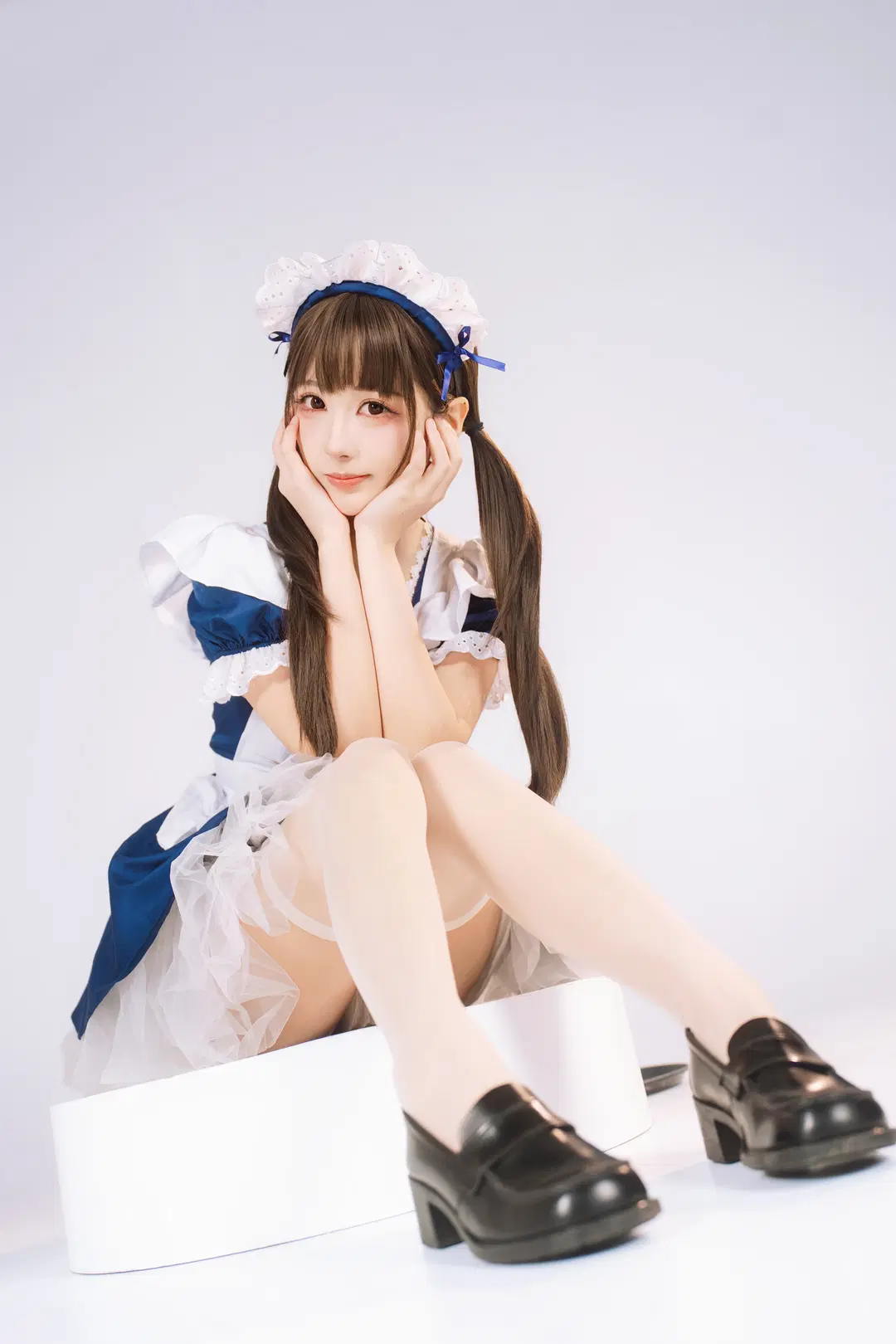 Twintails, White studio photography, Maid outfit cosplay, White stockings, Angel maid