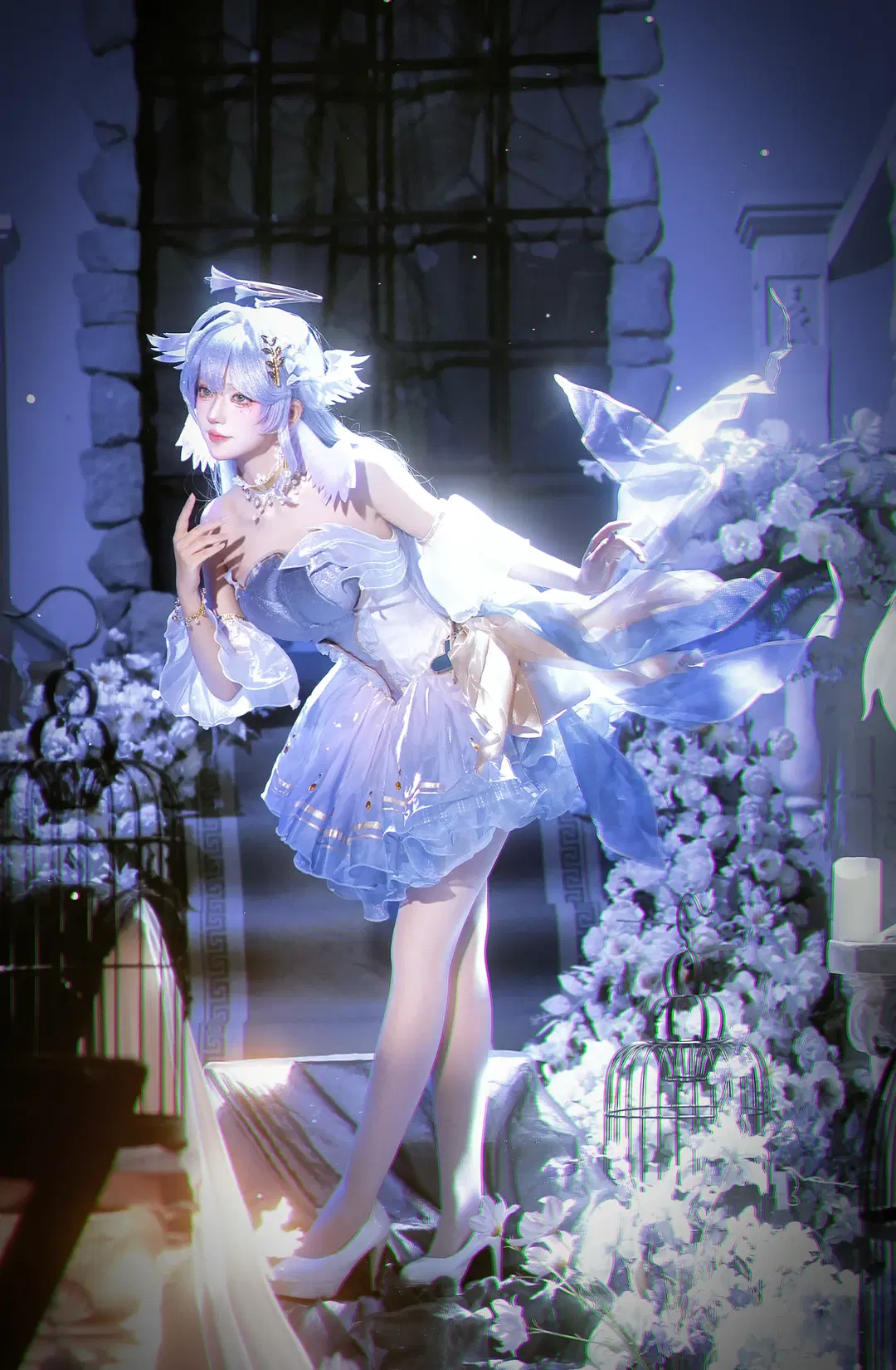 Anime-style photography, Honkai: Star Rail, Robin cosplay, Sea of flowers photo shoot, Stockings cosplay
