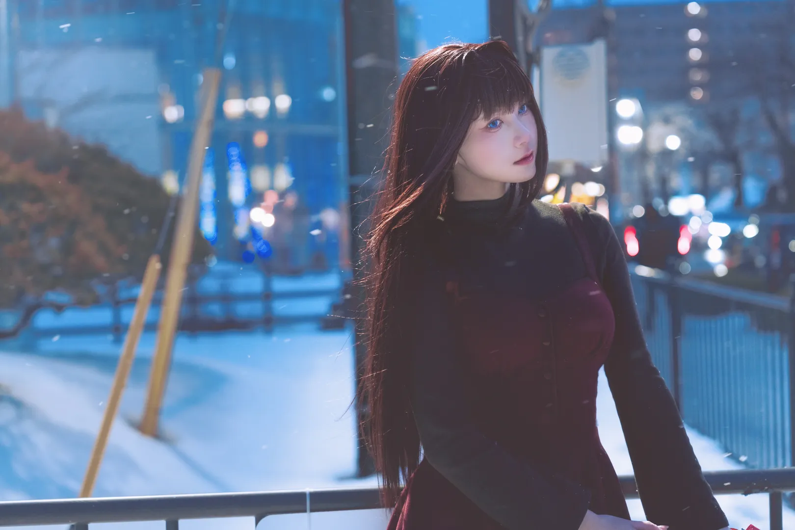 Black stockings, Aozaki Aoko cosplay, Witch on the Holy Night, Snow scene outdoor photoshoot, Red umbrella - Image 16