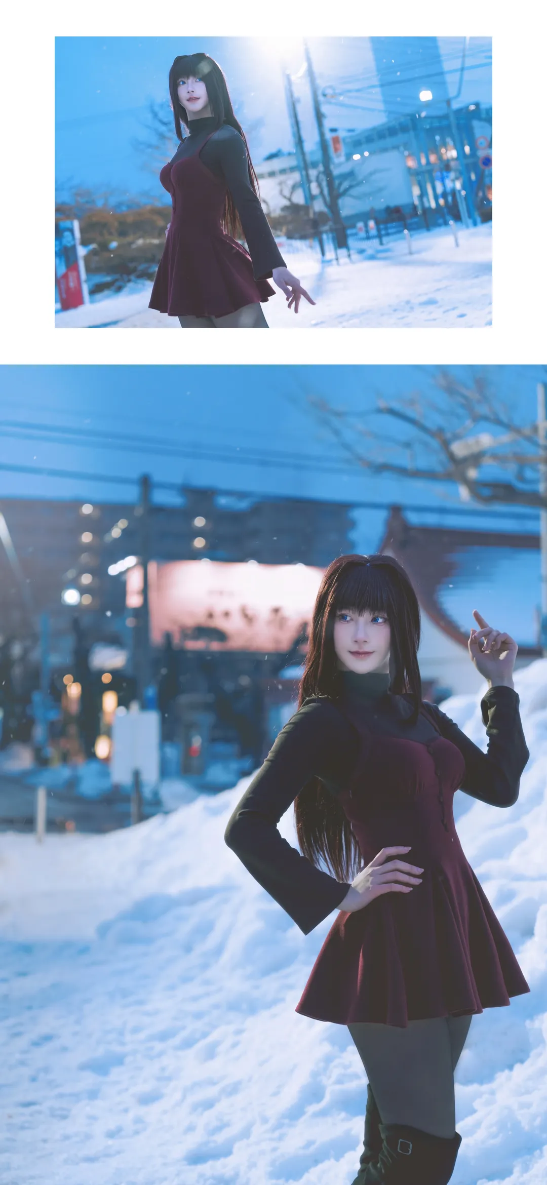 Black stockings, Aozaki Aoko cosplay, Witch on the Holy Night, Snow scene outdoor photoshoot, Red umbrella - Image 17