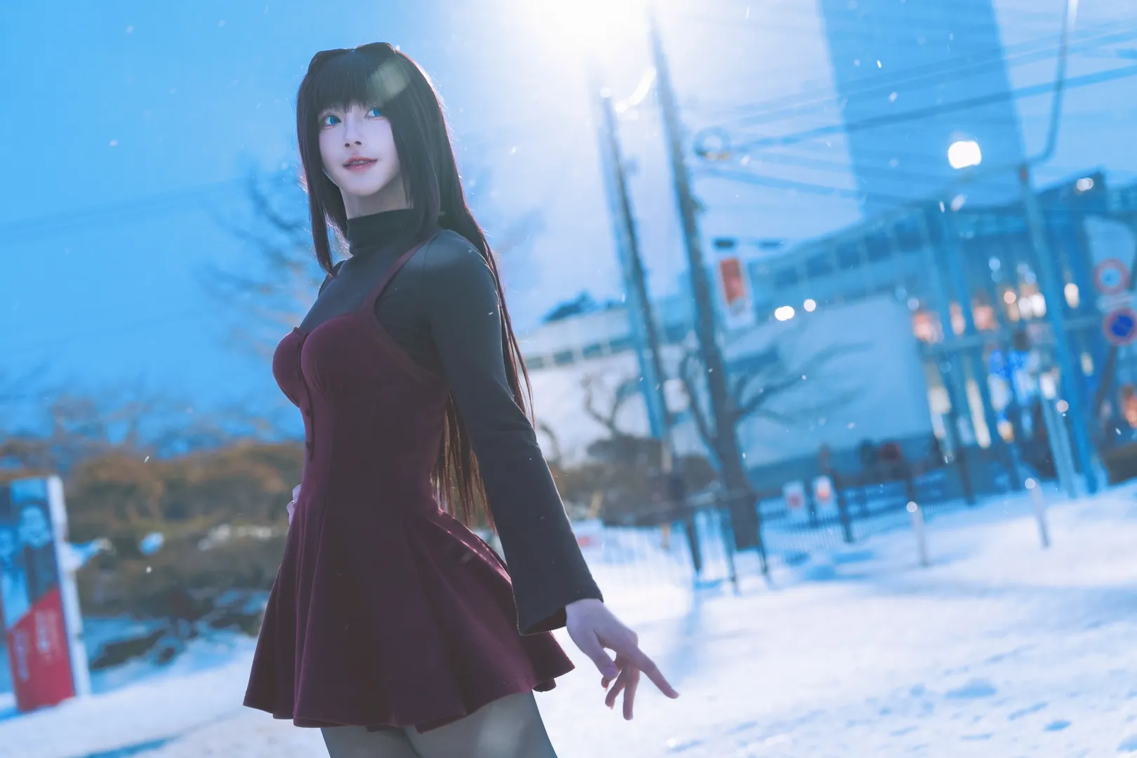 Black stockings, Aozaki Aoko cosplay, Witch on the Holy Night, Snow scene outdoor photoshoot, Red umbrella - Image 18