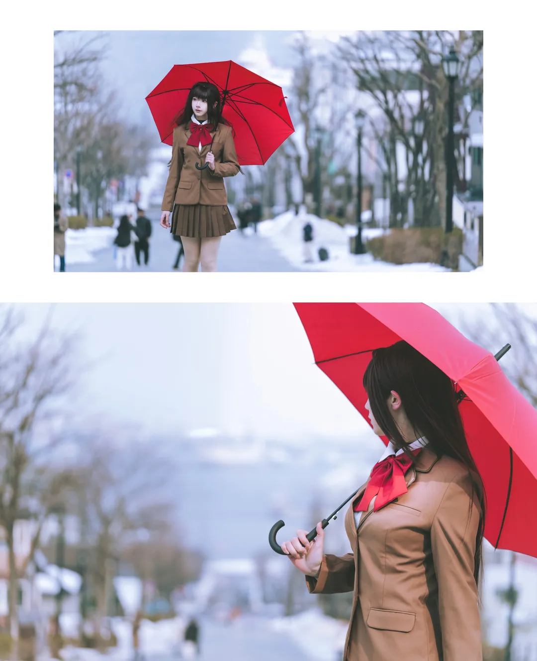 Black stockings, Aozaki Aoko cosplay, Witch on the Holy Night, Snow scene outdoor photoshoot, Red umbrella - Image 3
