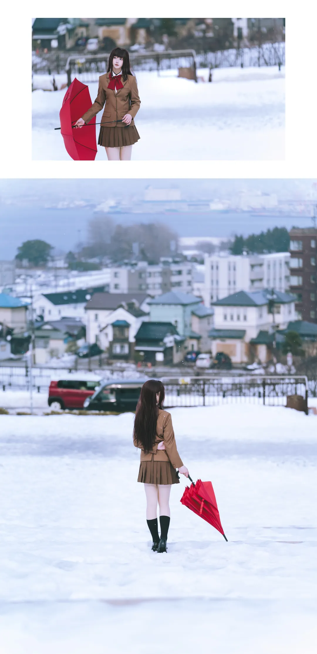 Black stockings, Aozaki Aoko cosplay, Witch on the Holy Night, Snow scene outdoor photoshoot, Red umbrella - Image 5
