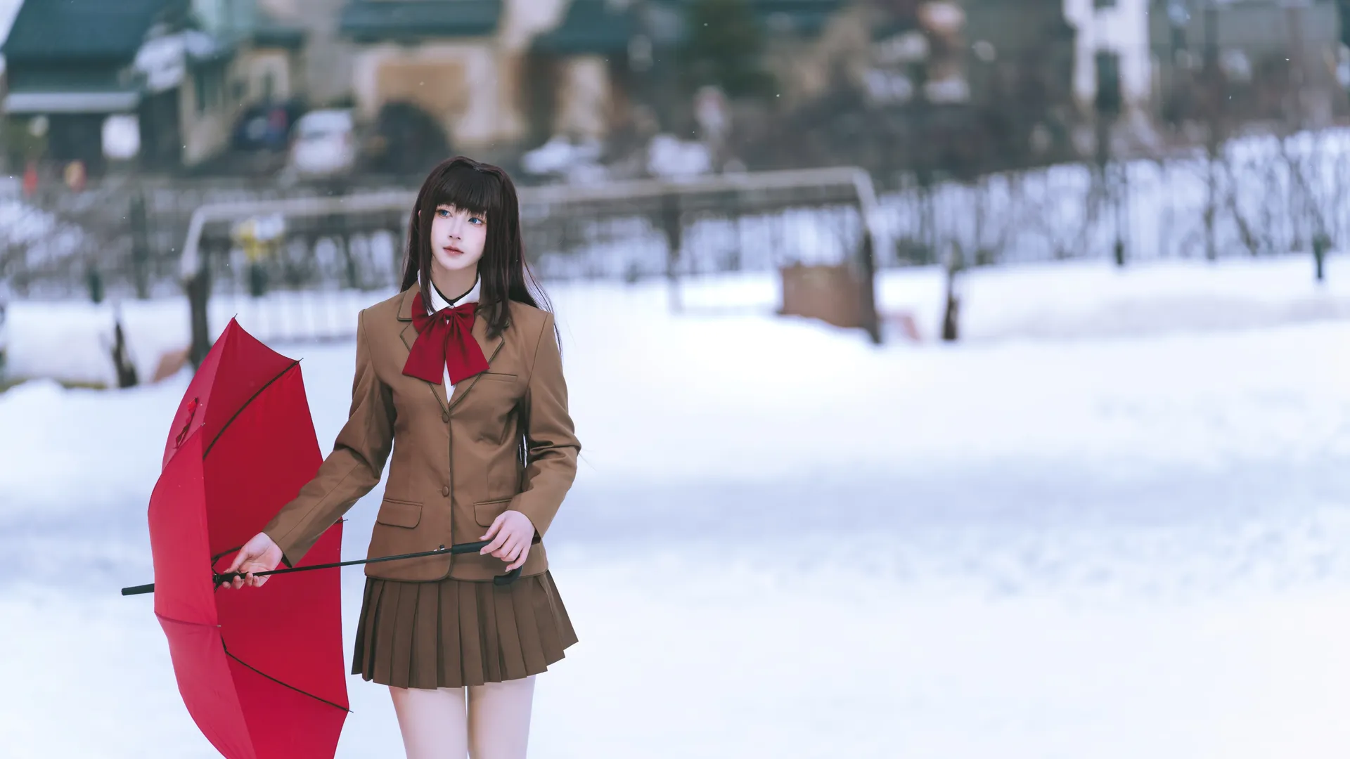 Black stockings, Aozaki Aoko cosplay, Witch on the Holy Night, Snow scene outdoor photoshoot, Red umbrella - Image 6