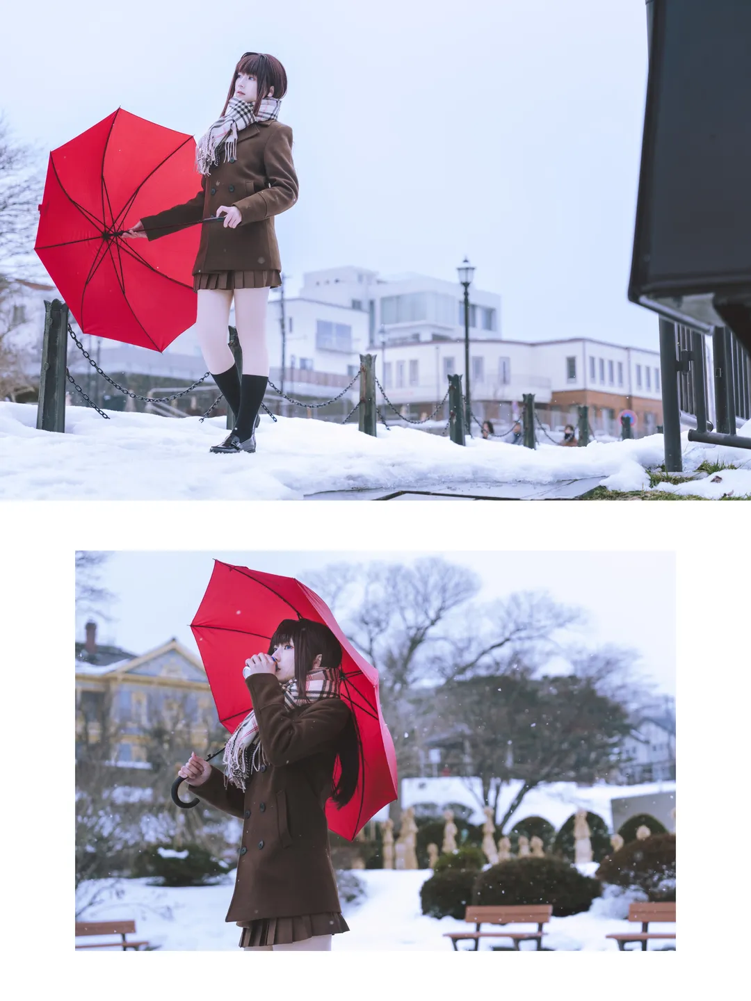 Black stockings, Aozaki Aoko cosplay, Witch on the Holy Night, Snow scene outdoor photoshoot, Red umbrella - Image 7