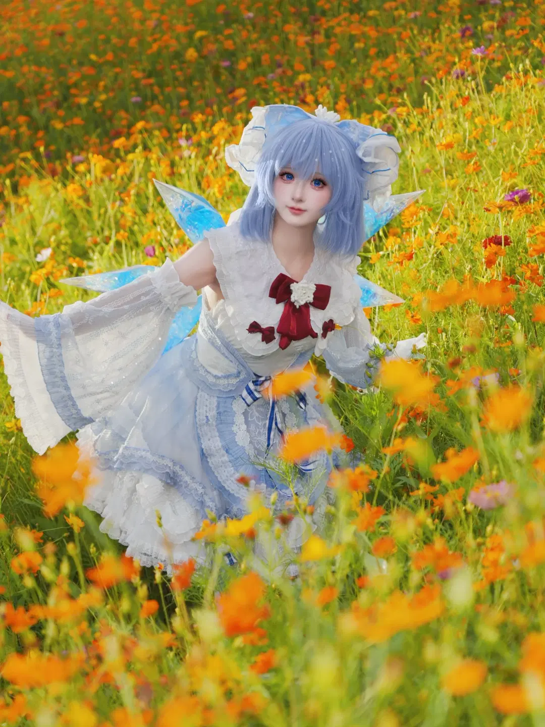 东方project, 二次元cosplay, 琪露诺cos, 花海写真, 精灵翅膀