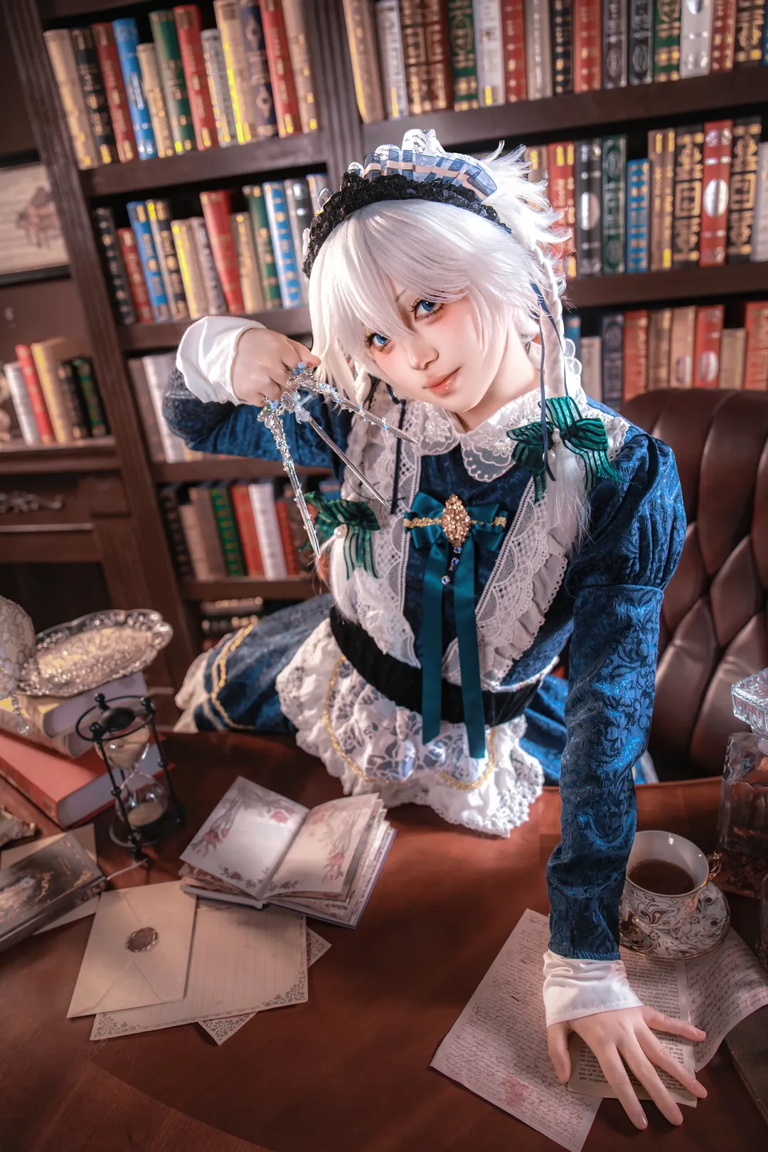 Touhou Project, Lolita, Sakuya Izayoi cosplay, Black stockings, Vintage study - Image 1