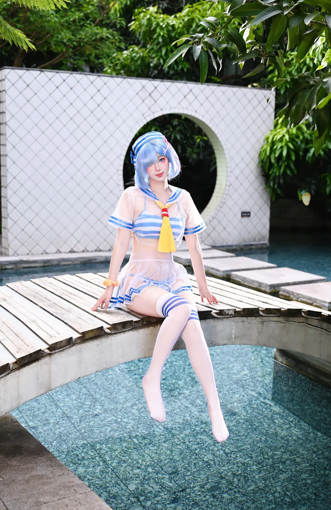 泳装cos, 蕾姆cos, 夏日写真, 白丝, 泳池拍照