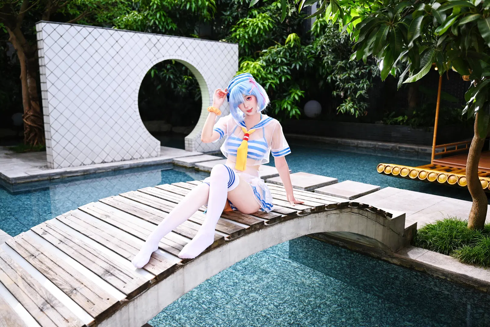 Swimsuit cosplay, Rem cosplay, Poolside photoshoot, White stockings, Refreshing summer