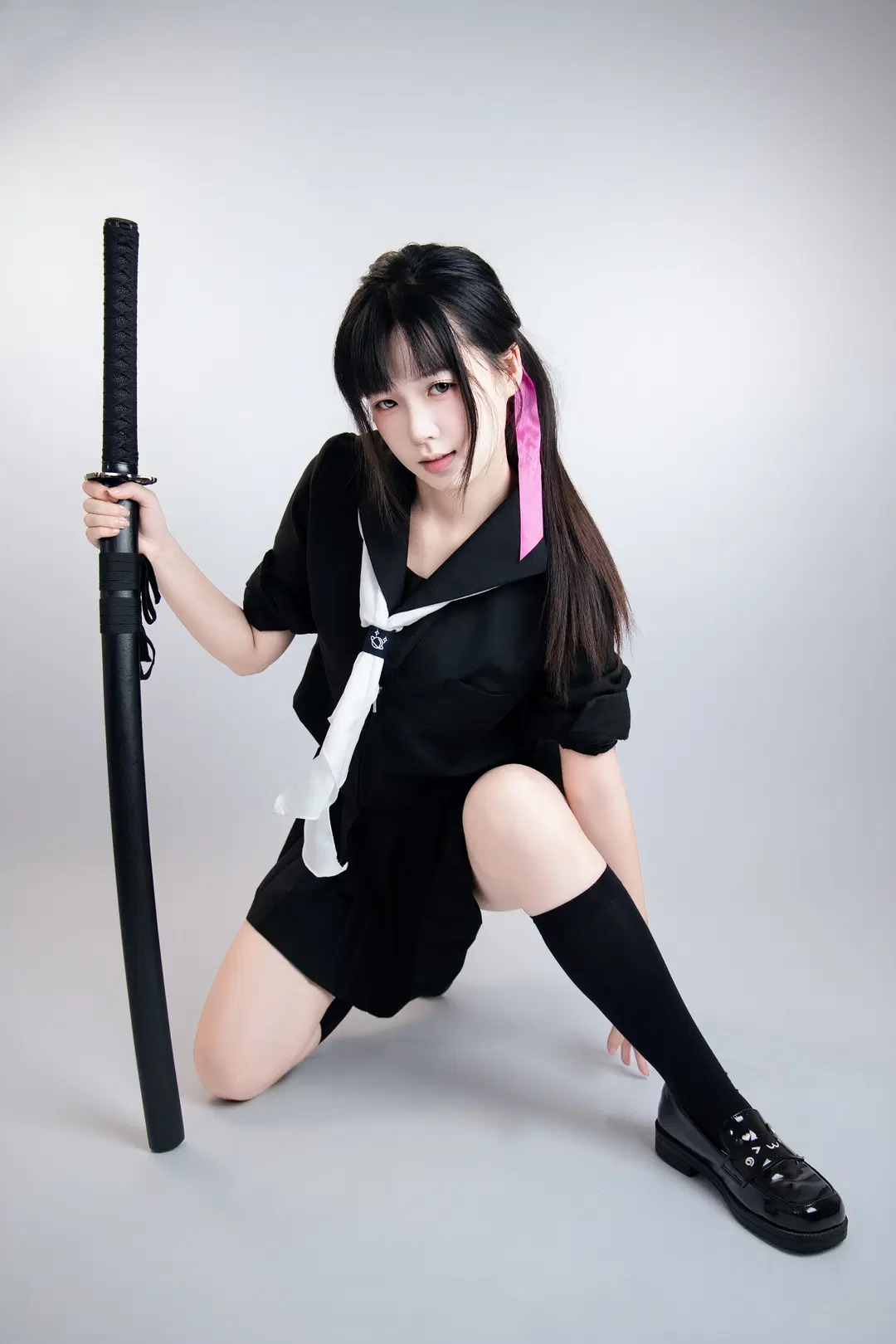 cosplay, Black stockings, JK uniform cosplay, Katana, Sketch reference