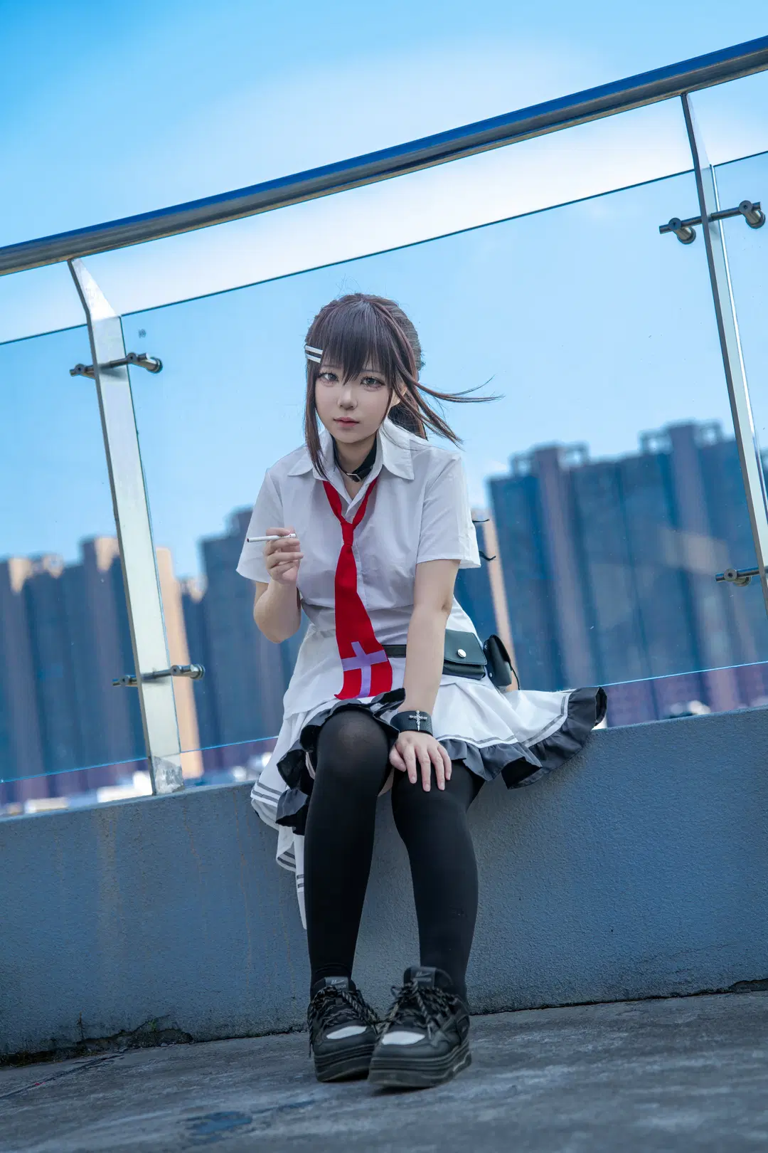 ギャルゲーム, 水上由岐 コスプレ, 素晴らしき日々 ～不連続存在～, 黒ストッキング, 屋上撮影