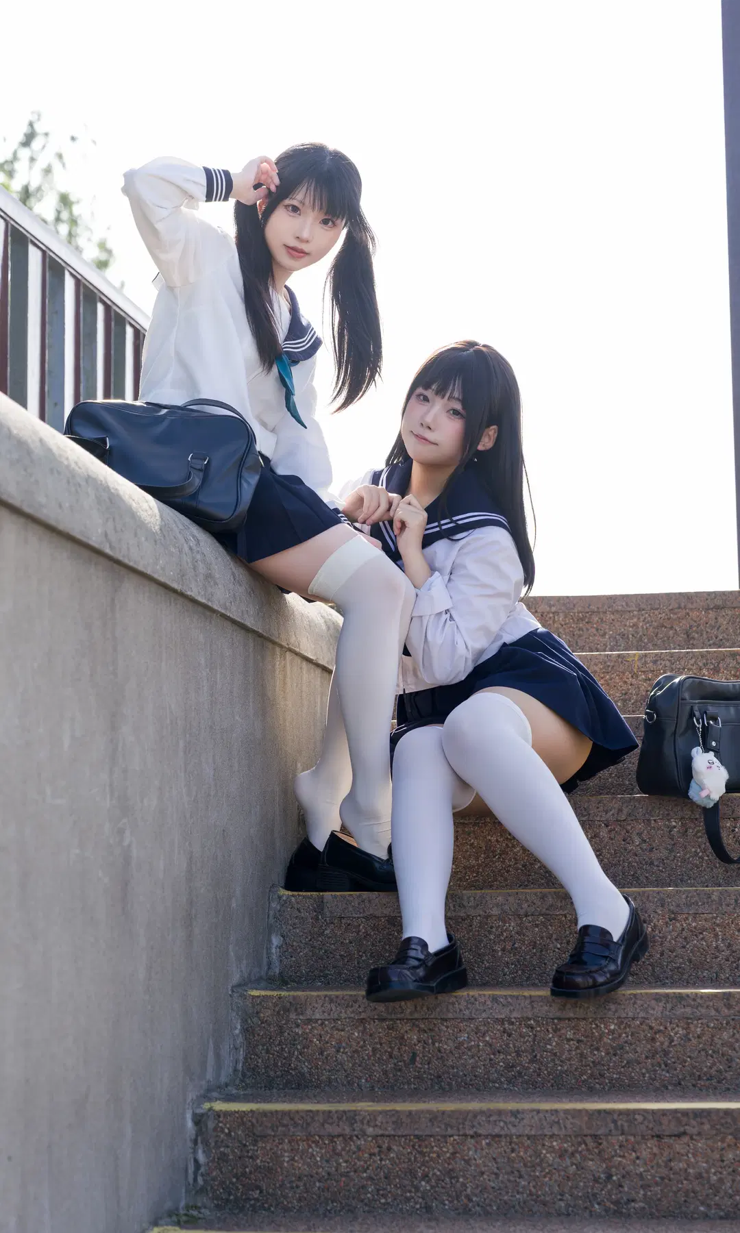 JK uniform, Cute girl photography, Outdoor portrait photography, White over-the-knee socks, Twin look