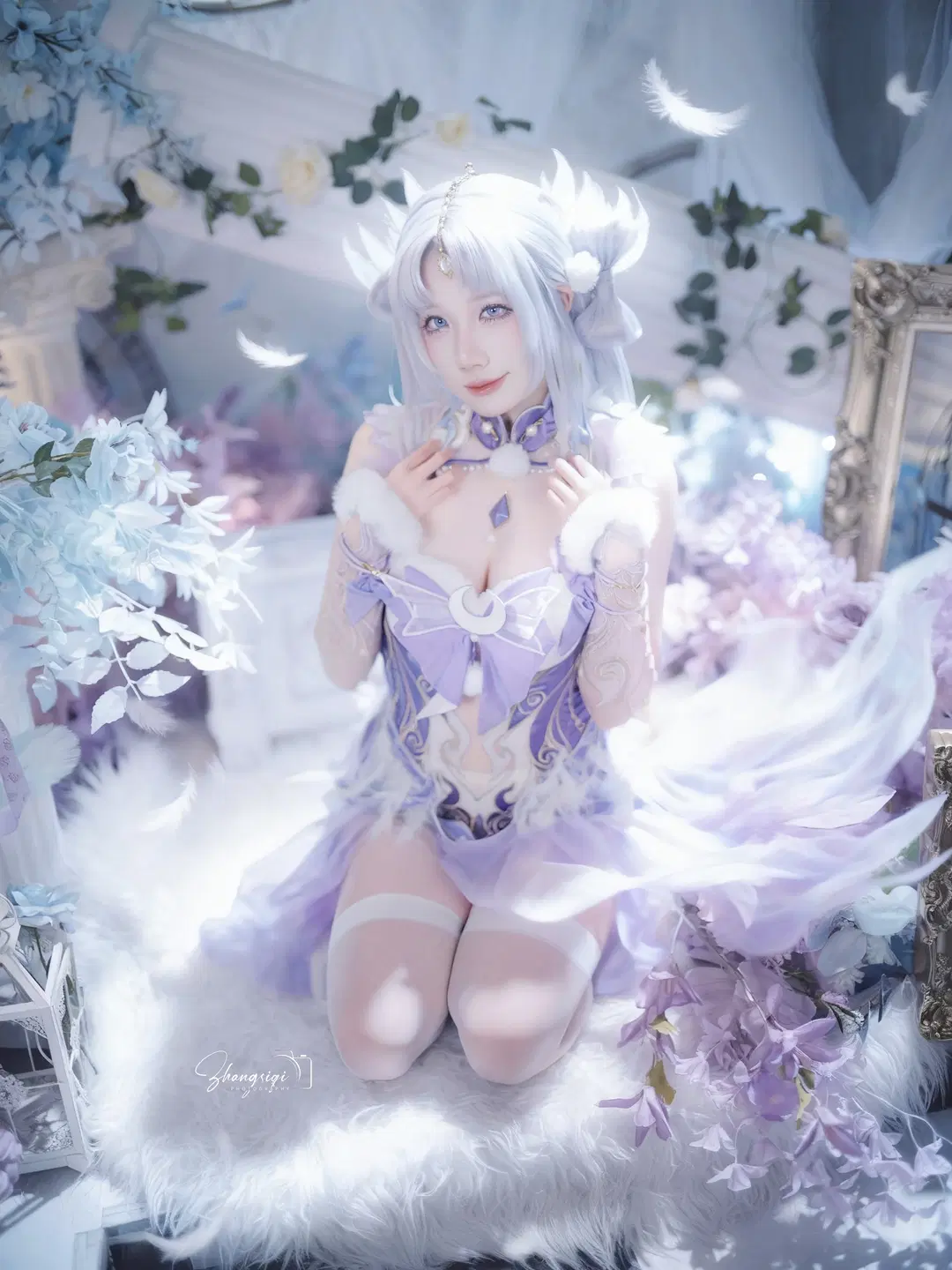 二次元少女, 白丝, 奇幻场景, 紫色系cos, 羽毛仙子