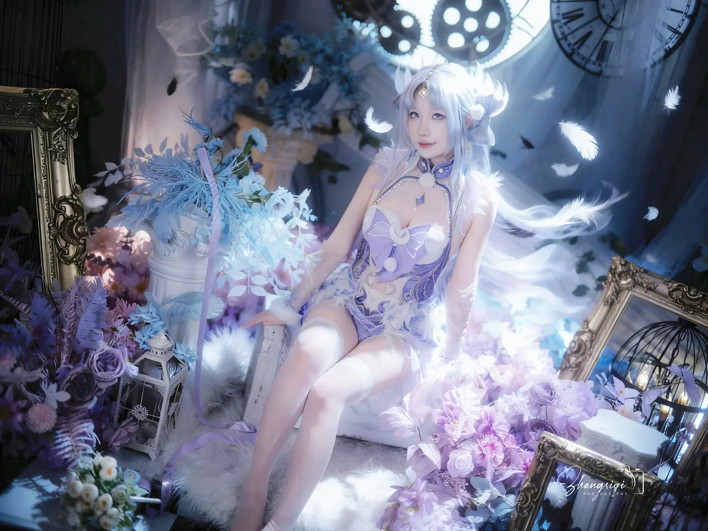 紫调精灵Cosplay，复古钟表与羽毛交织的梦幻棚拍 - 坏坏孩子琦 - 第6张