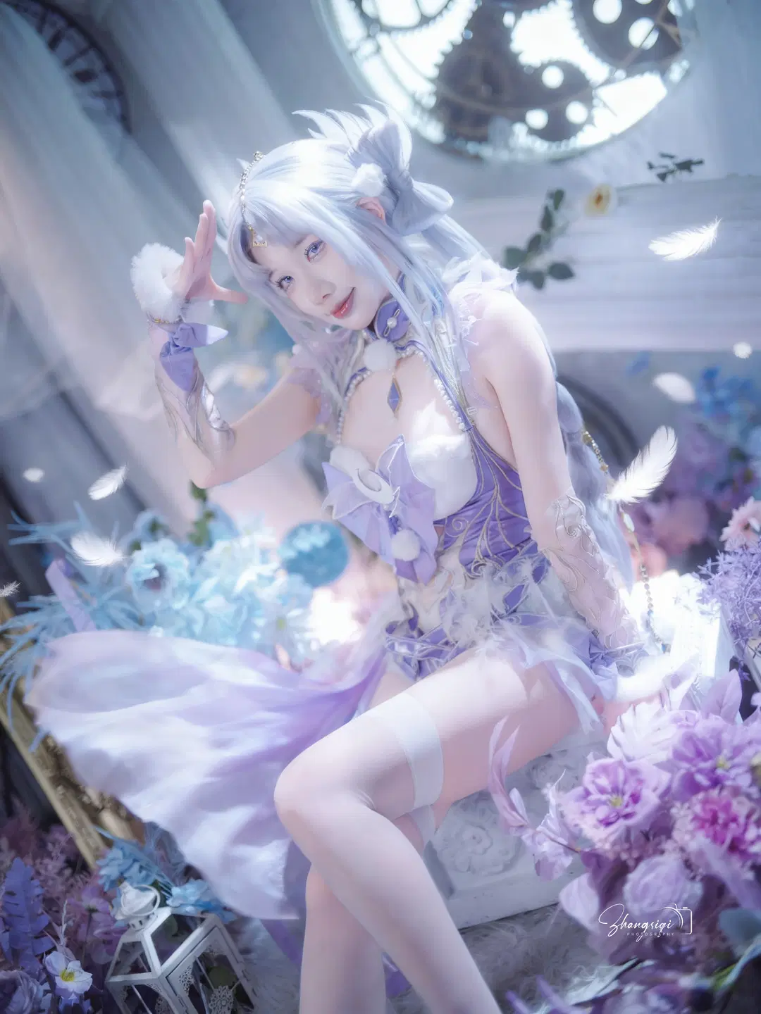 紫调精灵Cosplay，复古钟表与羽毛交织的梦幻棚拍 - 坏坏孩子琦 - 第7张