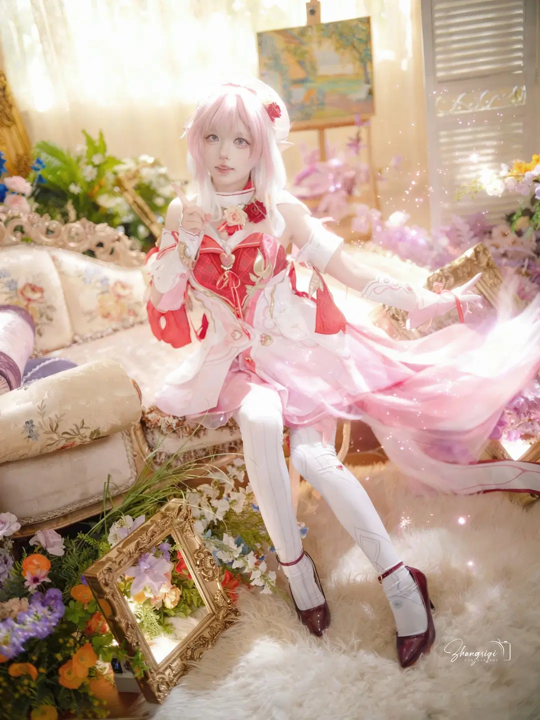 [Elysia Cosplay] The Pink Elf of Honkai Impact 3rd: Vintage French Portrait in White Stockings & Red Dress by 坏坏孩子琦 - Image 5