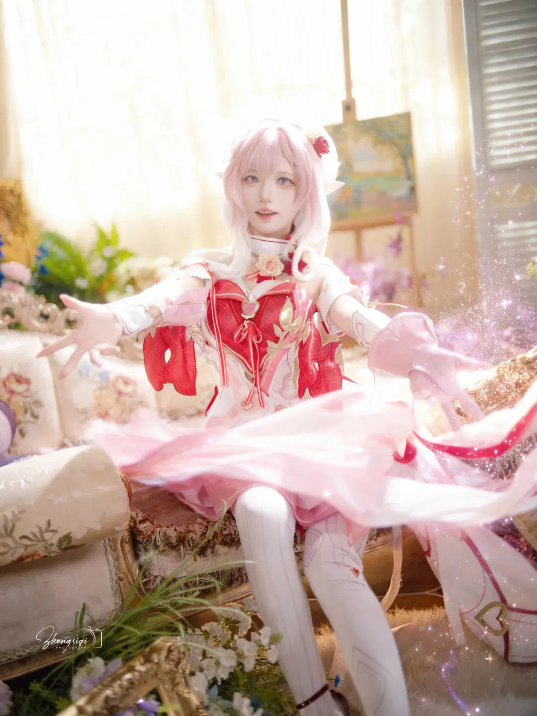[Elysia Cosplay] The Pink Elf of Honkai Impact 3rd: Vintage French Portrait in White Stockings & Red Dress by 坏坏孩子琦 - Image 9