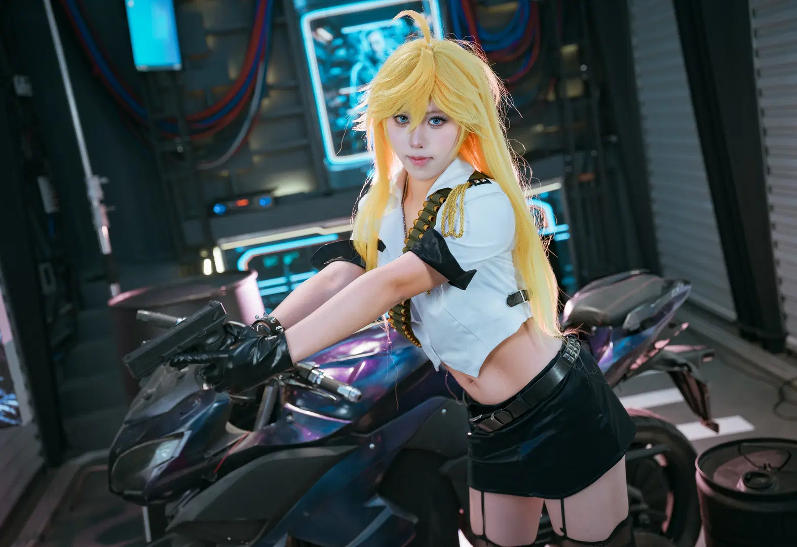 cosplay, 吊带袜天使, 制服cos, 丝袜, 机车风