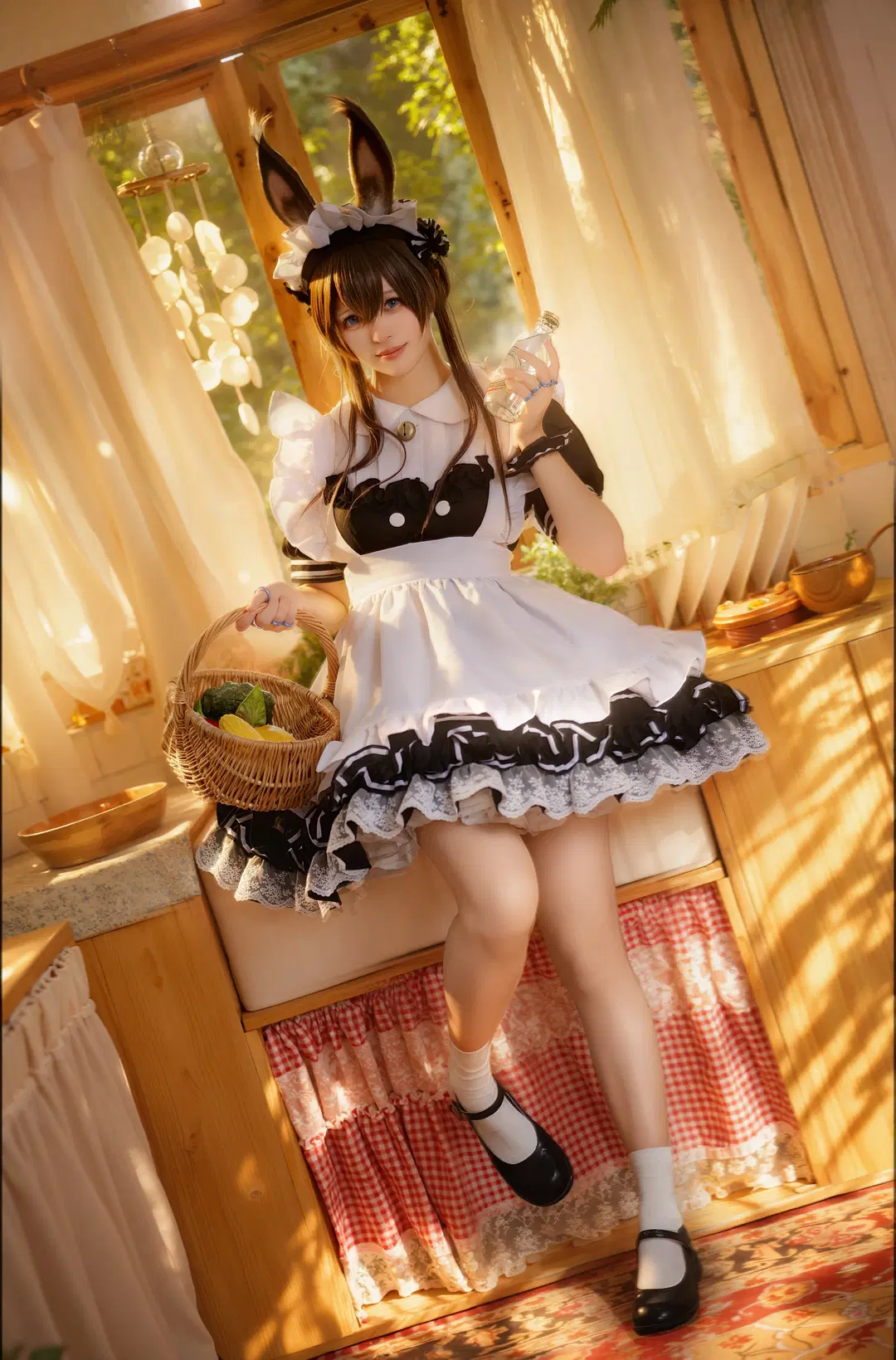 Maid outfit, Arknights, Amiya cosplay, Bunny ears, White socks