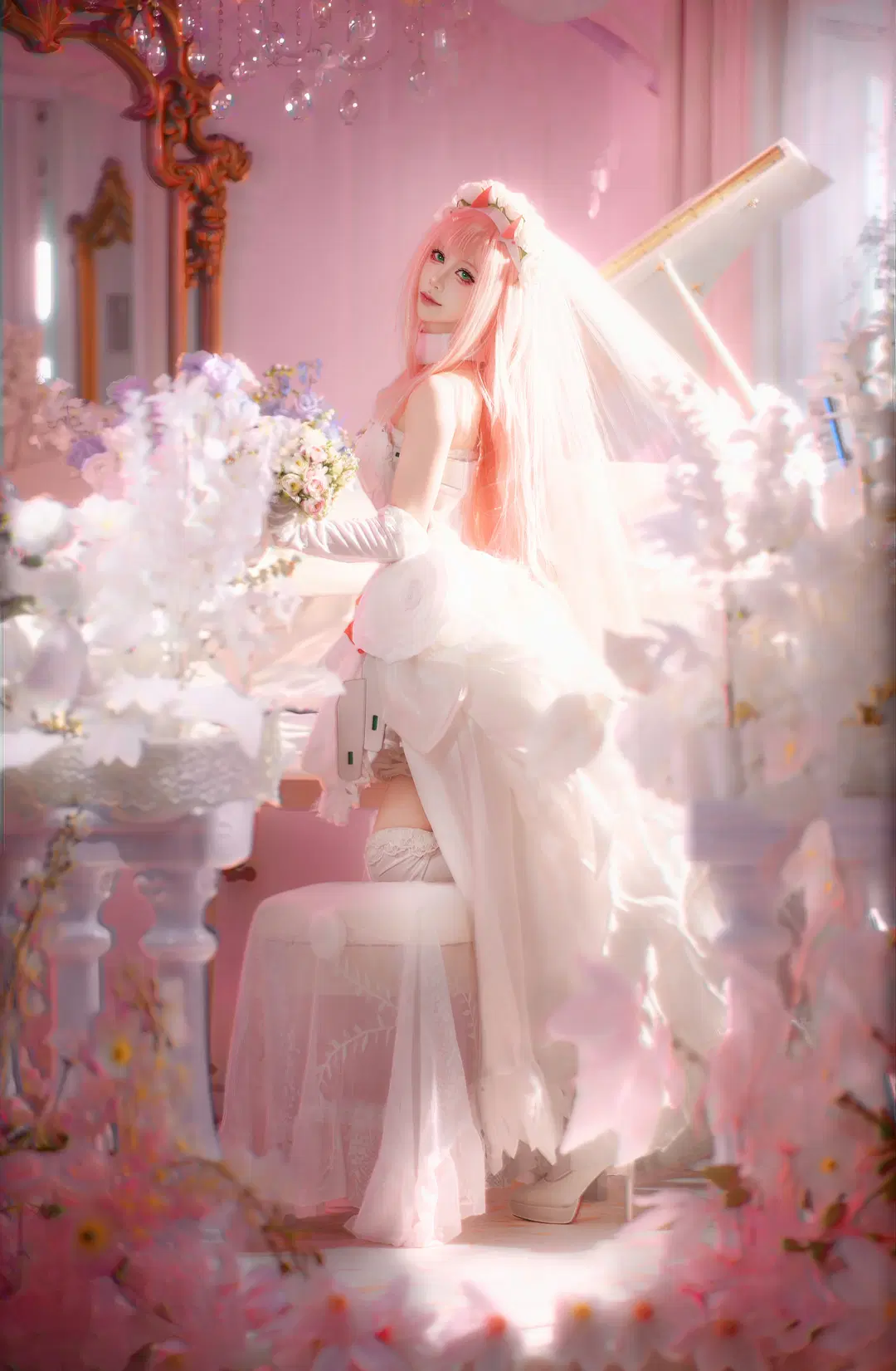Cosplay photography, Bride, White stockings, Zero Two cosplay,  DARLING in the FRANXX