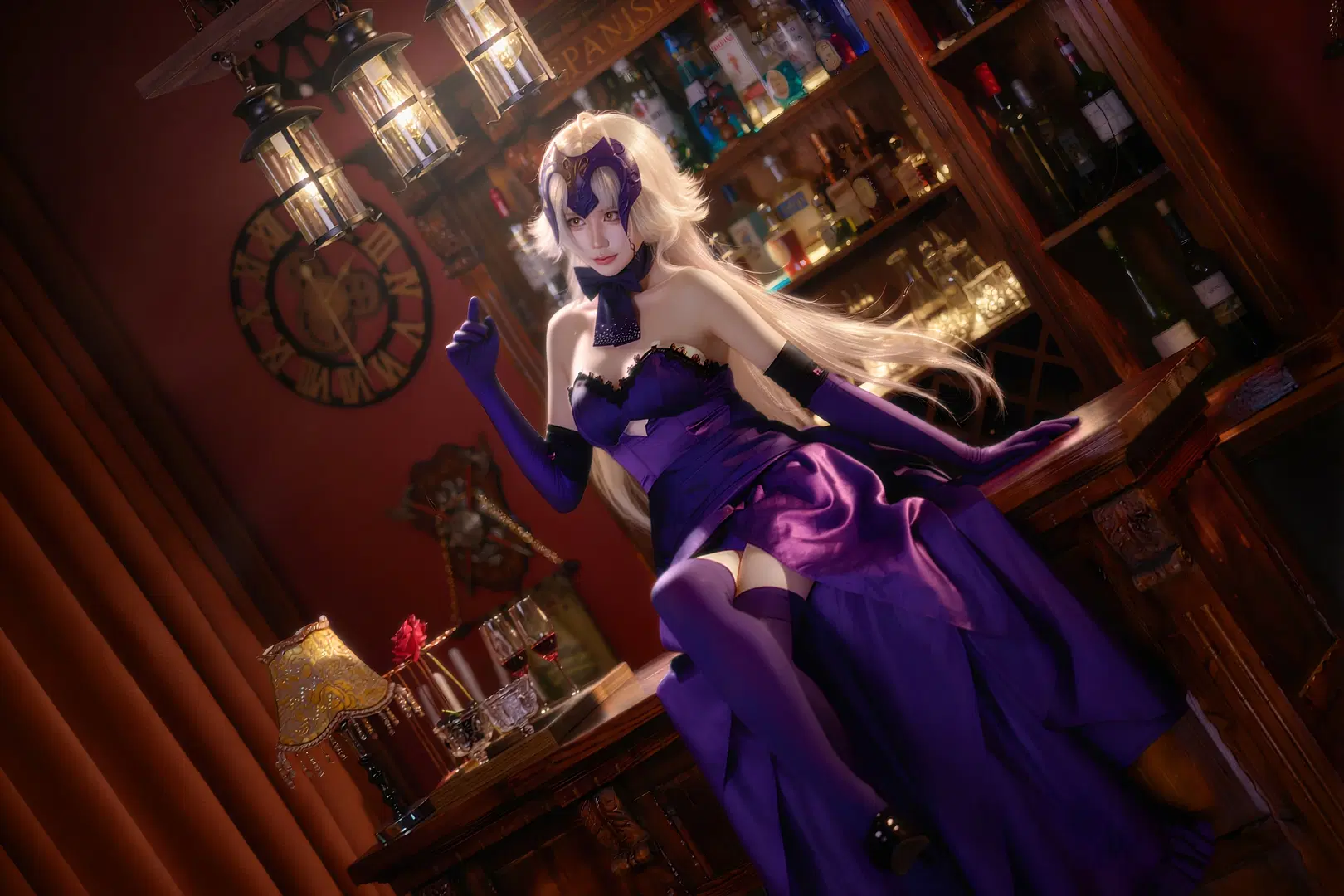 Fate/Grand Order, Jeanne d'Arc (Alter) cosplay, Vintage bar, Stockings, Purple dress