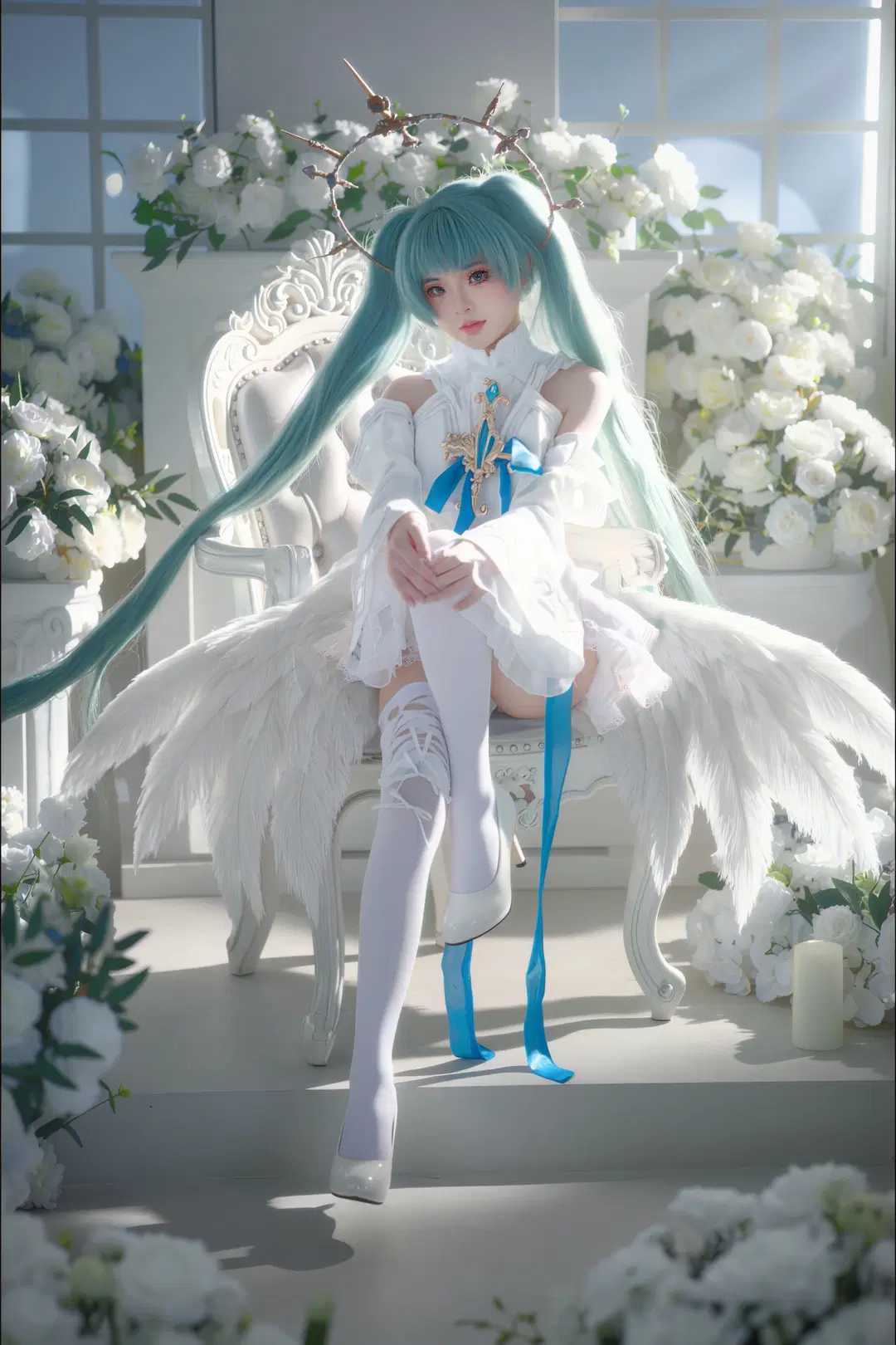 [Hatsune Miku cosplay] Angel Miku, the sacred vibe of white wings and blue ribbons by 店长DD - Image 2