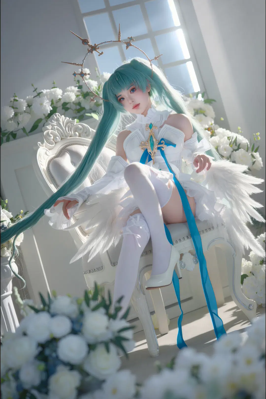 Hatsune Miku cosplay, White stockings, Cosplay photography, Vocaloid, Angel Miku
