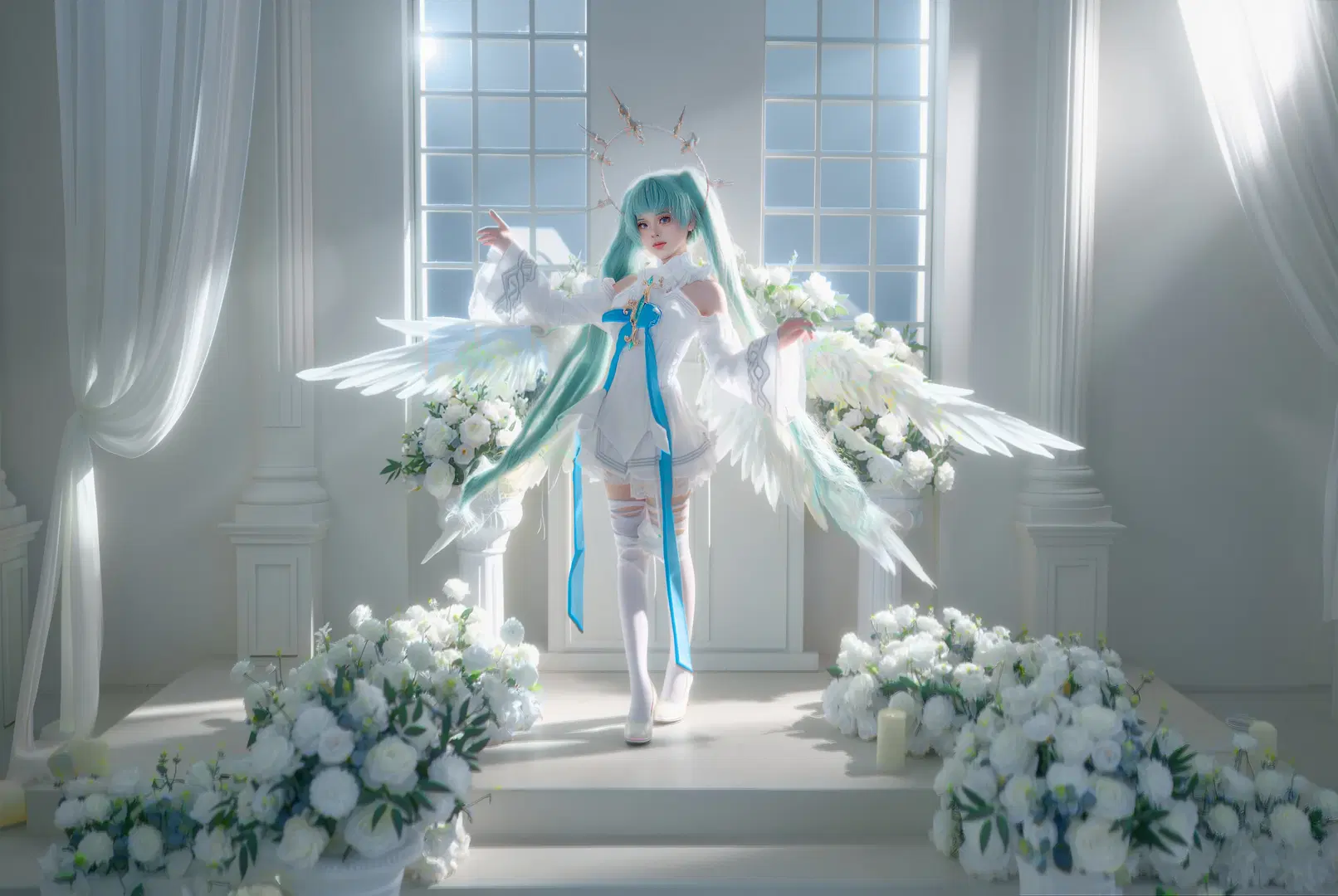 [Hatsune Miku cosplay] Angel Miku, the sacred vibe of white wings and blue ribbons by 店长DD - Image 5