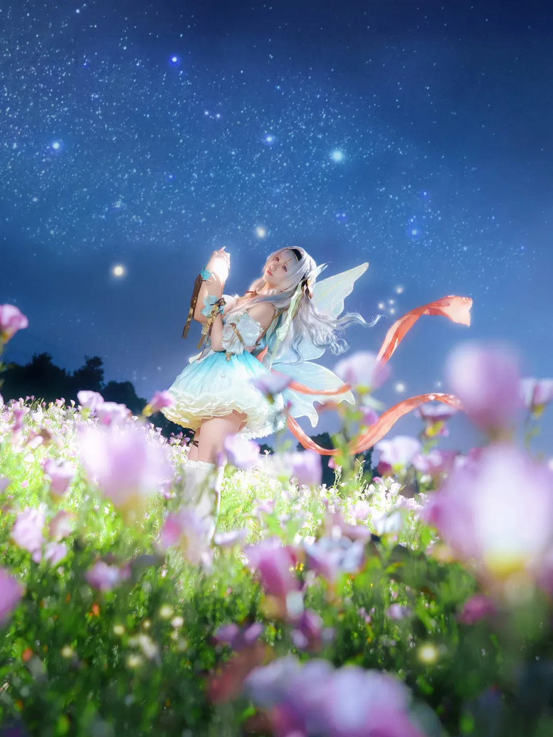 流萤cos, 星穹铁道, 白丝, 夜景人像, 月见草花海