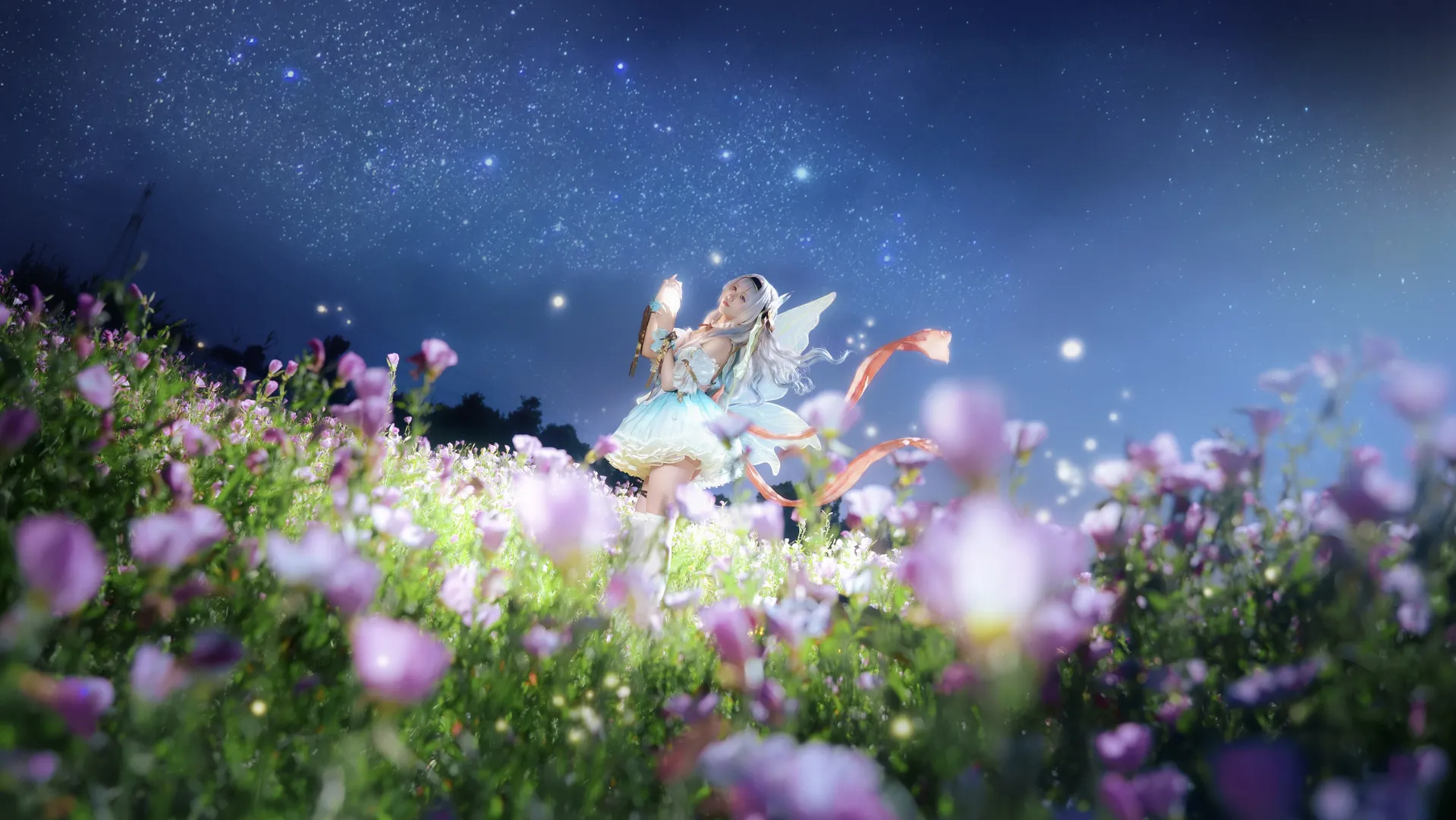 流萤cos, 星穹铁道, 白丝, 夜景人像, 月见草花海 - 第2张