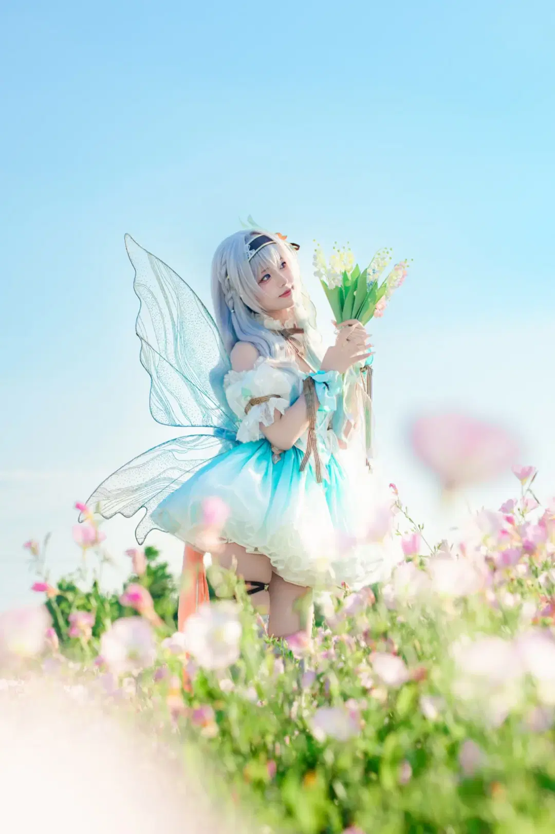 Anime-style photography, Honkai: Star Rail, Firefly cosplay, Elf cosplay, Sea of flowers photo shoot