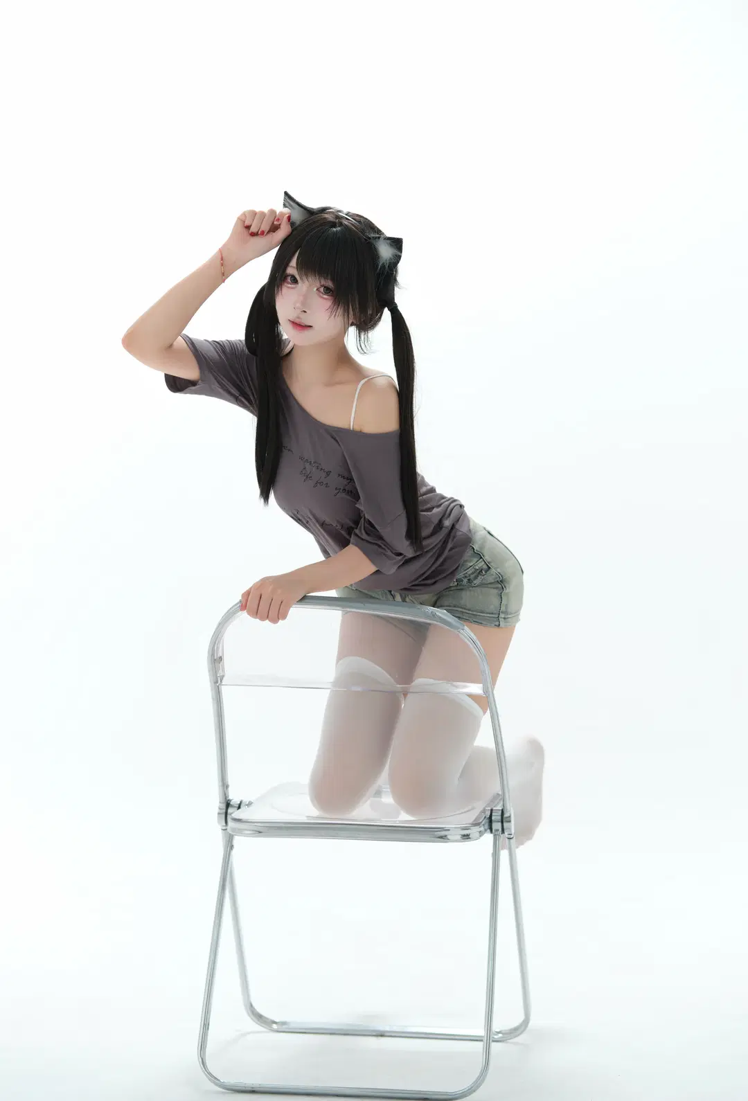 猫耳, 双马尾, 日系写真, 过膝袜, 宅女风