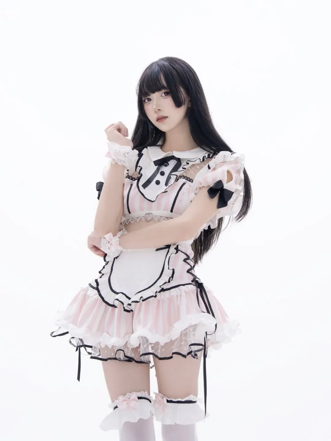 二次元写真, 女仆装cos, 棚拍摄影, 白丝长筒袜, 粉白女仆