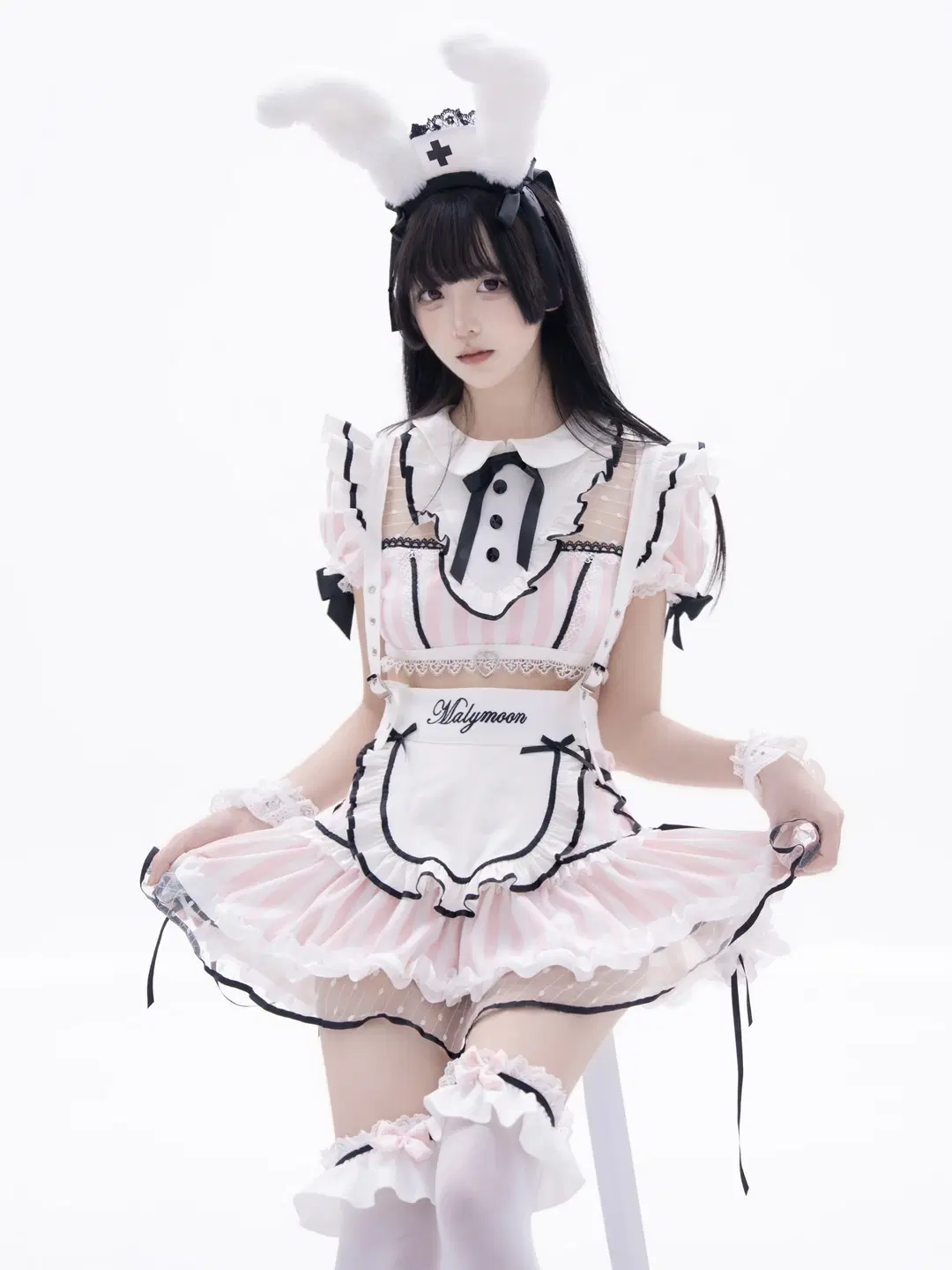 Maid outfit, Studio portrait, White over-the-knee socks, Pink maid, Bunny ear nurse hat
