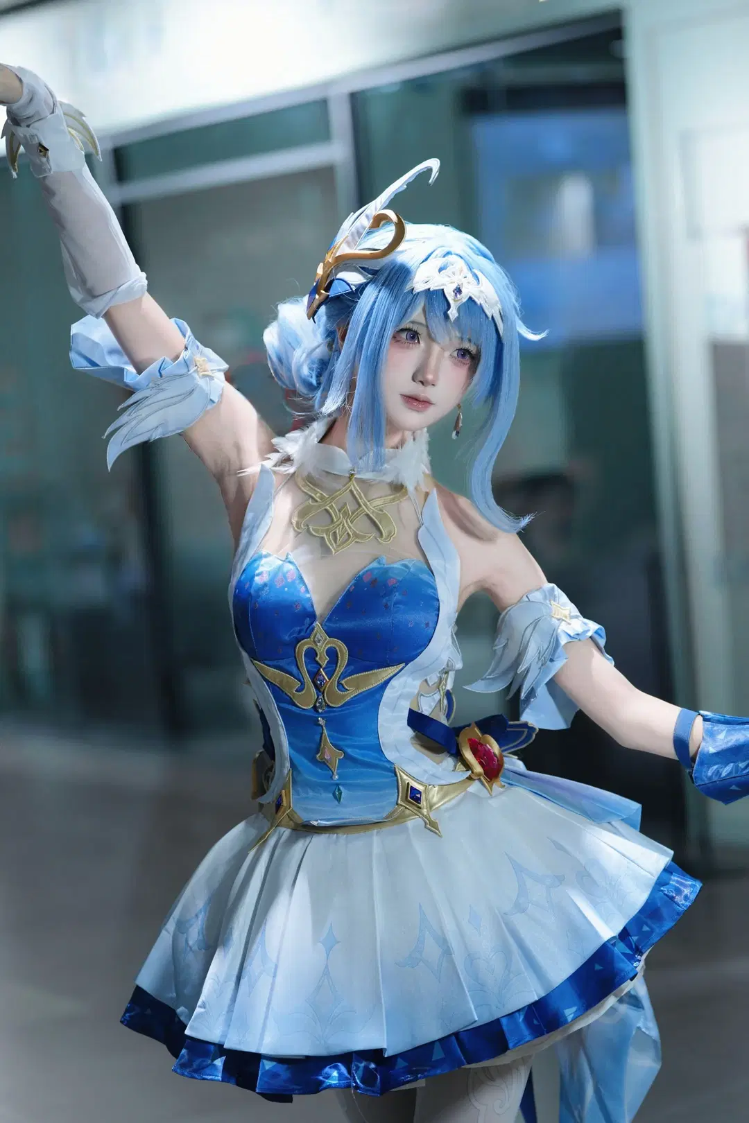 Genshin Impact, Convention photos, White stockings, Odette cosplay, Genshin Impact Snezhnaya