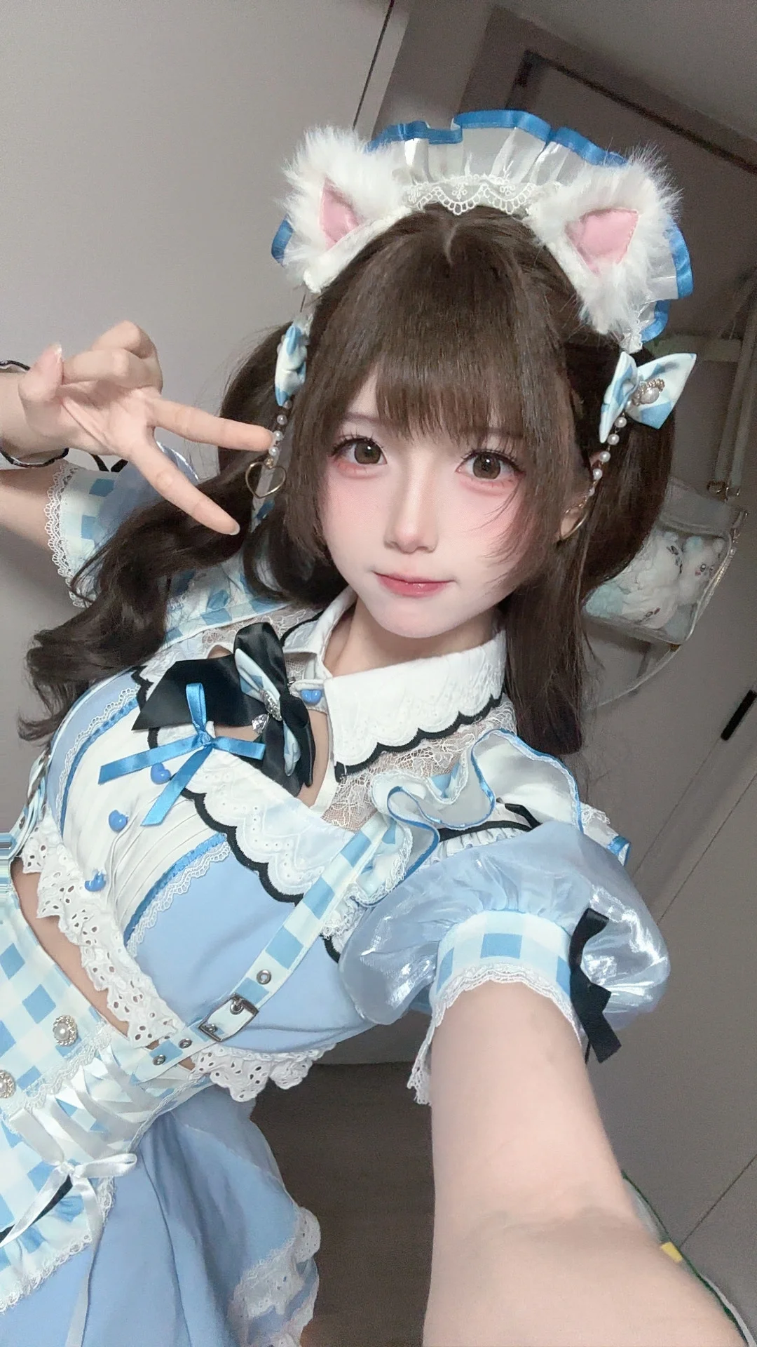 cosplay, 猫耳, 女仆装, 蓝色系, 格纹
