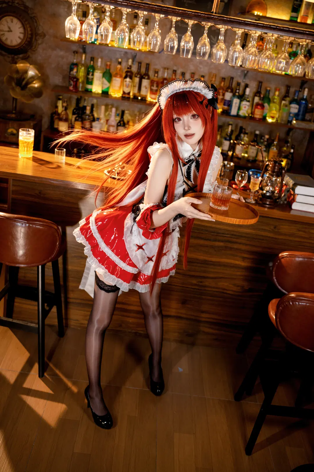 【Rapi cosplay】Red-Haired Maid Descends upon a Vintage Bar: Maid Outfit Cosplay & Bar Photoshoot — Black Stockings (Goddess of Victory) by 甘小楽_LeLe - Image 2