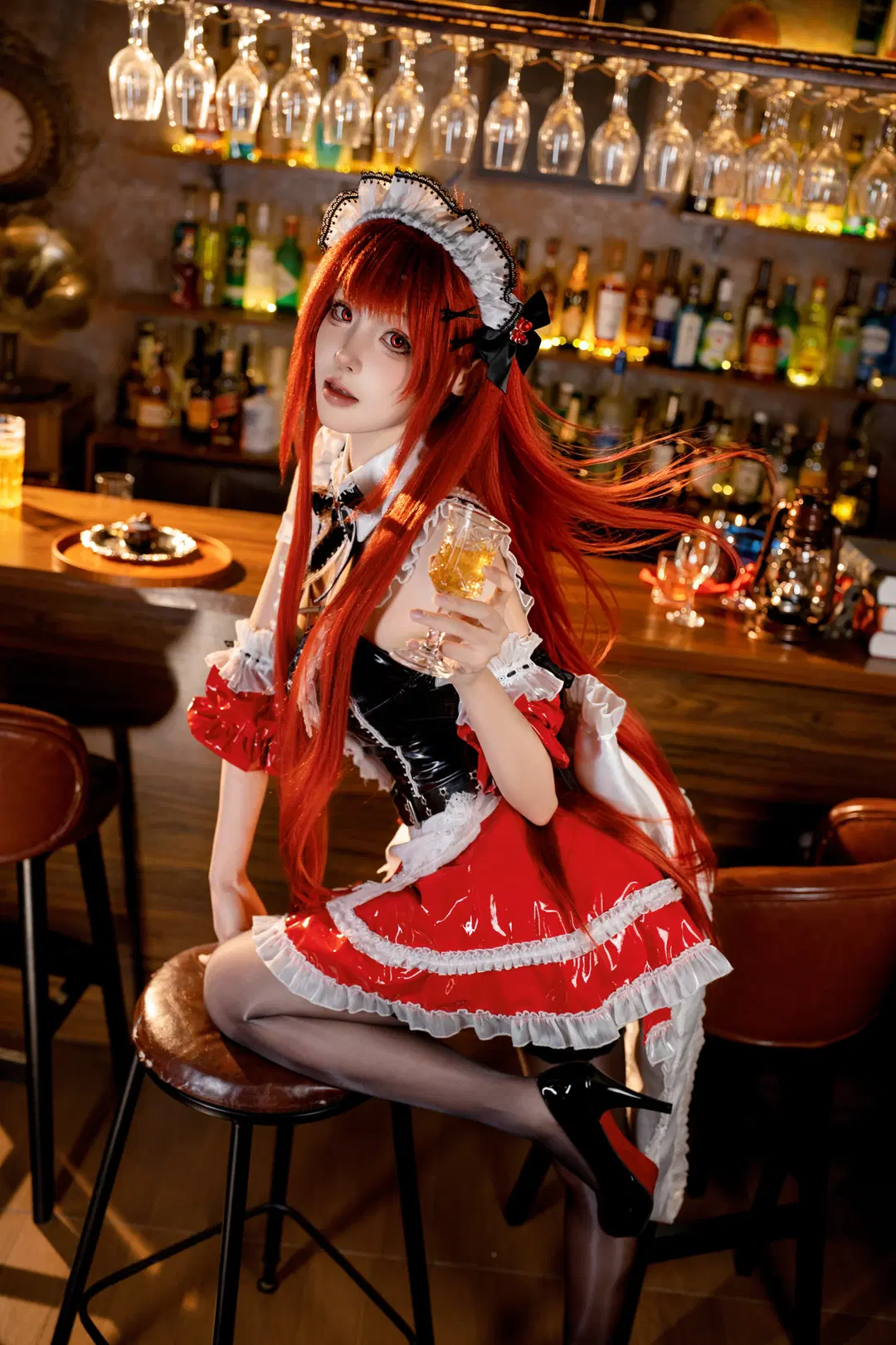 【Rapi cosplay】Red-Haired Maid Descends upon a Vintage Bar: Maid Outfit Cosplay & Bar Photoshoot — Black Stockings (Goddess of Victory) by 甘小楽_LeLe - Image 4