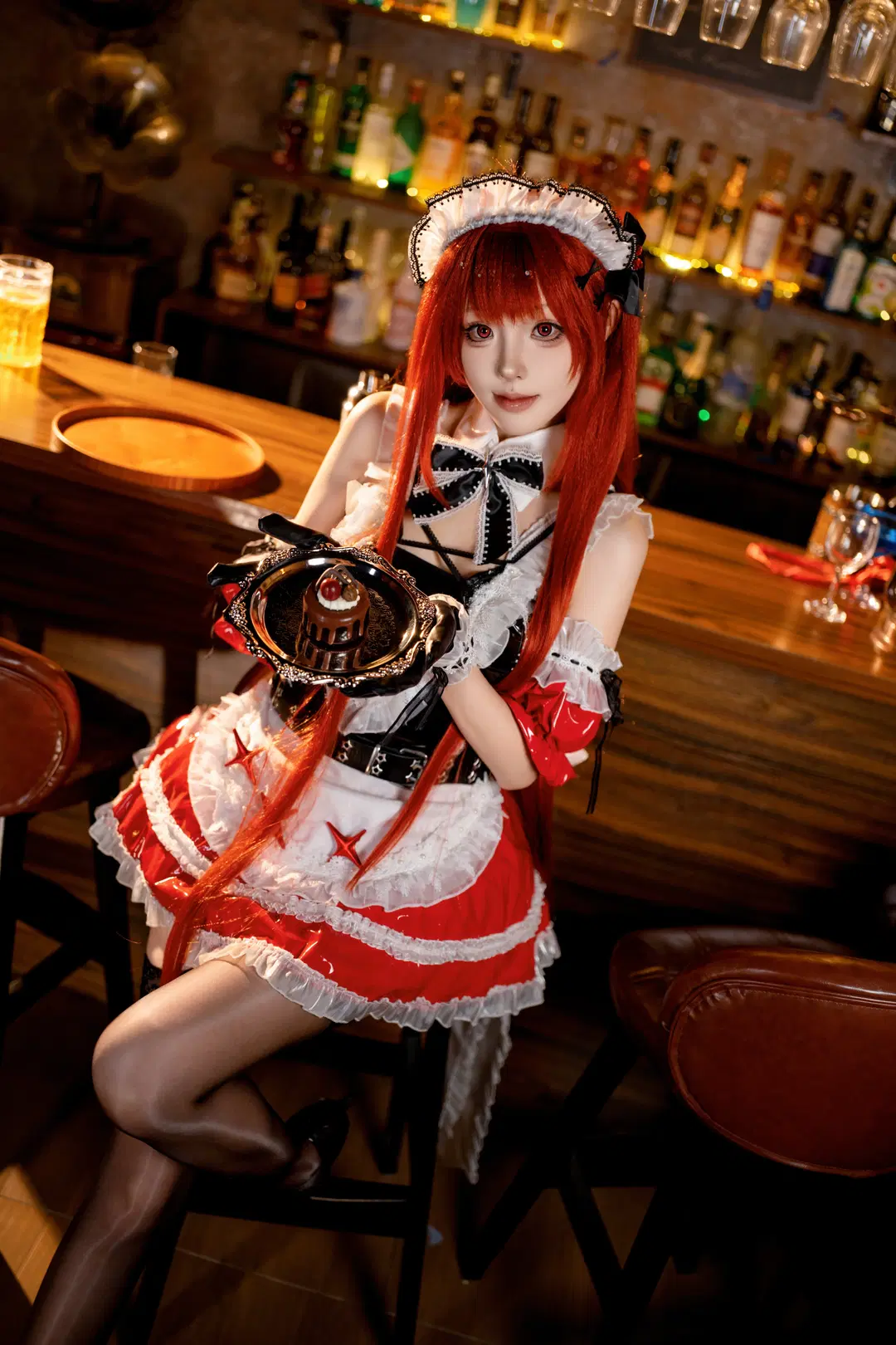 【Rapi cosplay】Red-Haired Maid Descends upon a Vintage Bar: Maid Outfit Cosplay & Bar Photoshoot — Black Stockings (Goddess of Victory) by 甘小楽_LeLe - Image 5