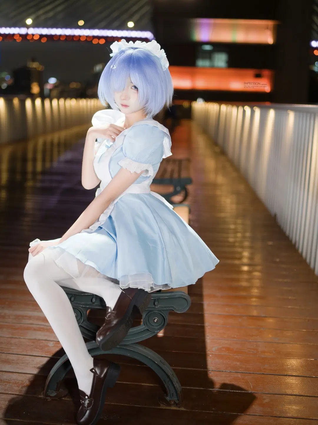 女仆装, 二次元cosplay, 蕾姆cos, 白丝, 夜景人像